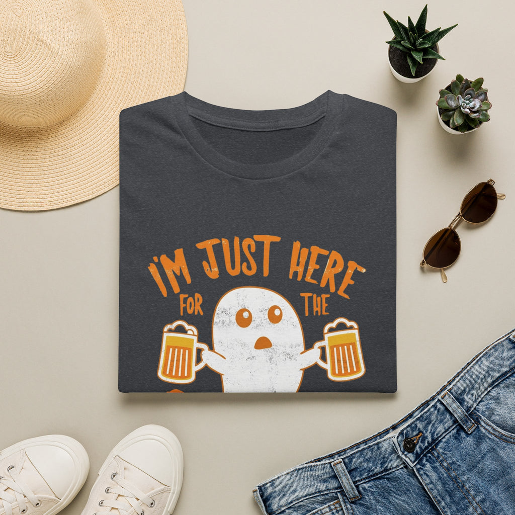 Dark Heather Grey t-shirt printed with a single wide-eyed ghost raising a frothy pint under chunky, view 17