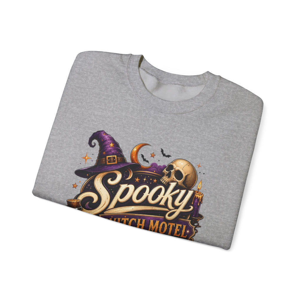 Sport Grey crewneck sweatshirt folded to show the neon vintage motel sign reading spooky witch motel print