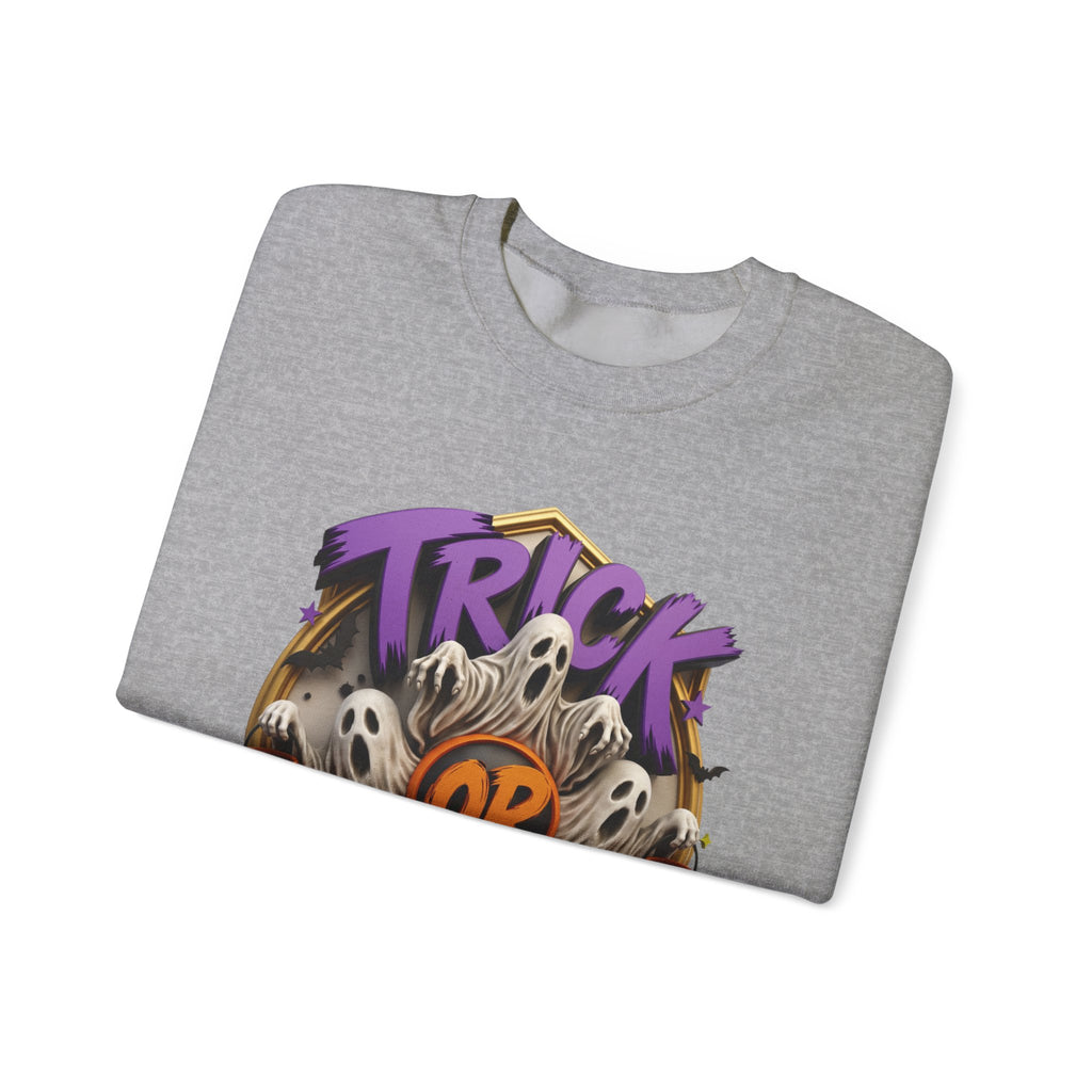 Sport Grey crewneck sweatshirt folded to show the huddle of wide-mouthed ghosts rises between two carved pumpkins print