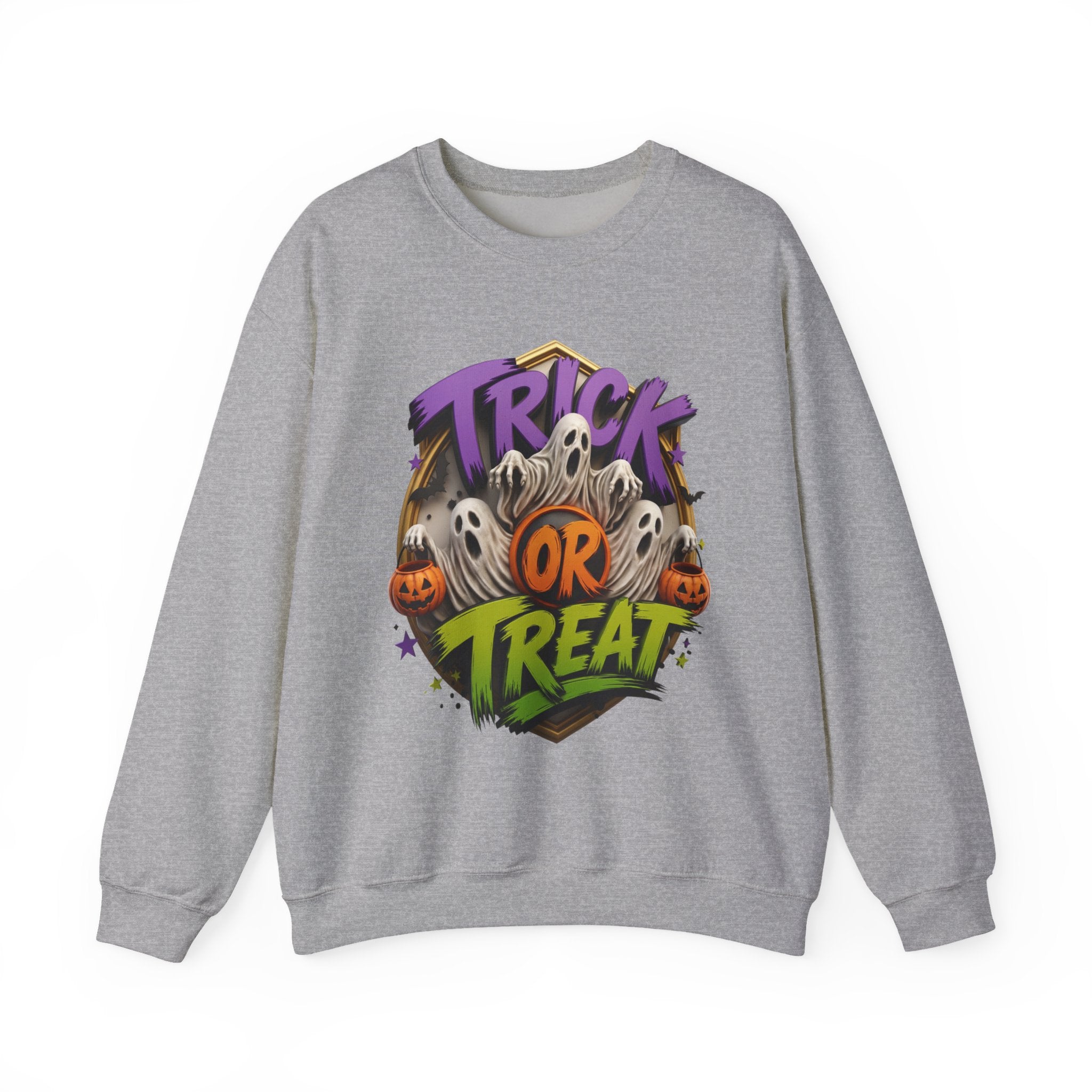 Sport Grey crewneck sweatshirt laid flat, printed with a huddle of wide-mouthed ghosts rises between two carved pumpkins