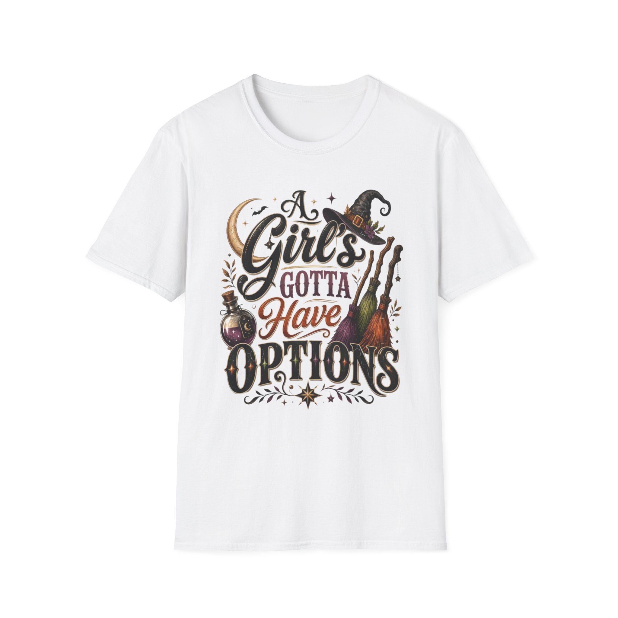 White t-shirt laid flat, printed with a hand-lettered script reading a girl's gotta have options