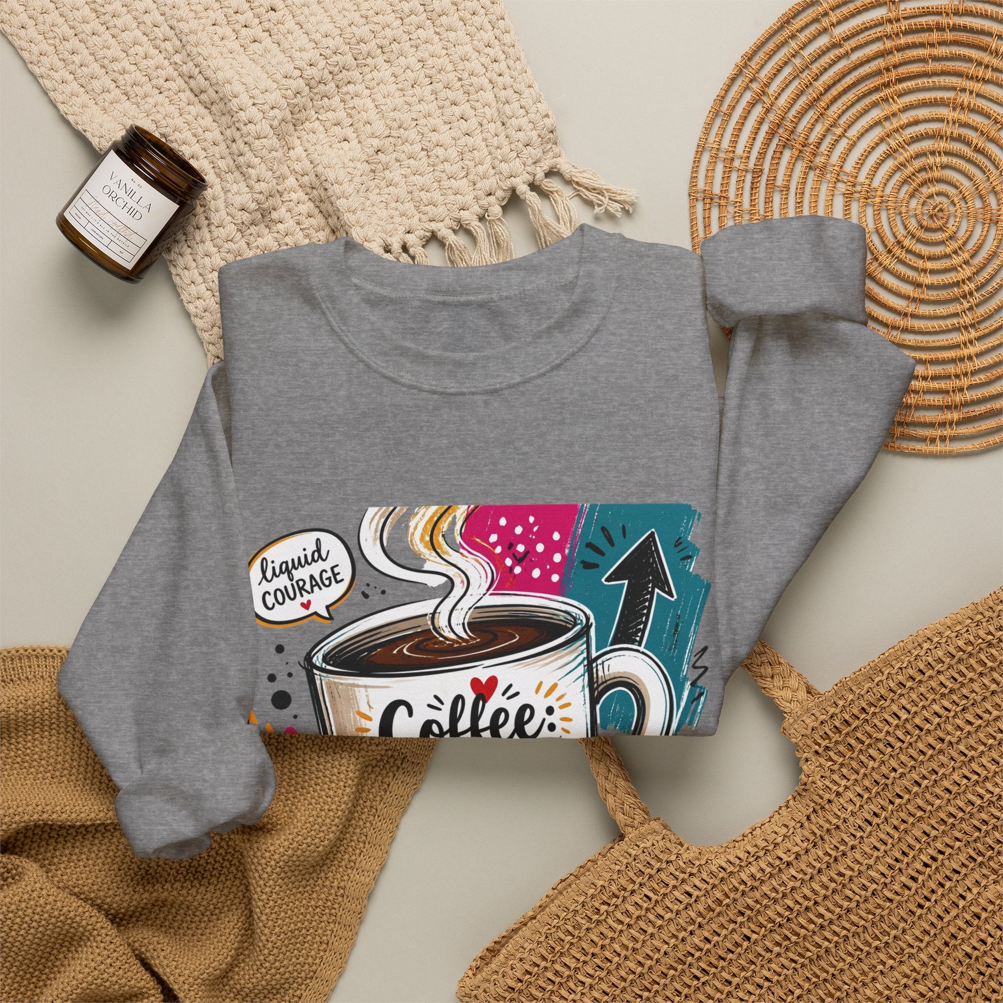 Graphite Heather crewneck sweatshirt styled flat with a candle — striped mug in a paper collage