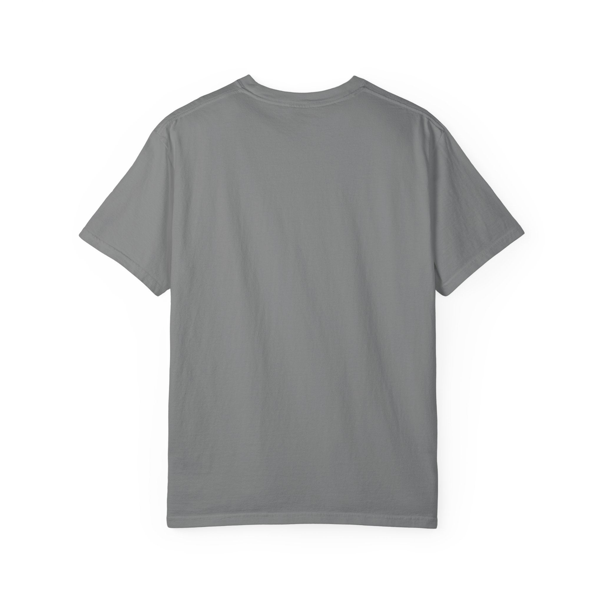Grey t-shirt, plain back — tall striped mug in retro collage on the front