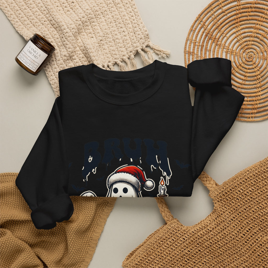 Black crewneck sweatshirt styled flat with a candle — ghost in a Santa hat