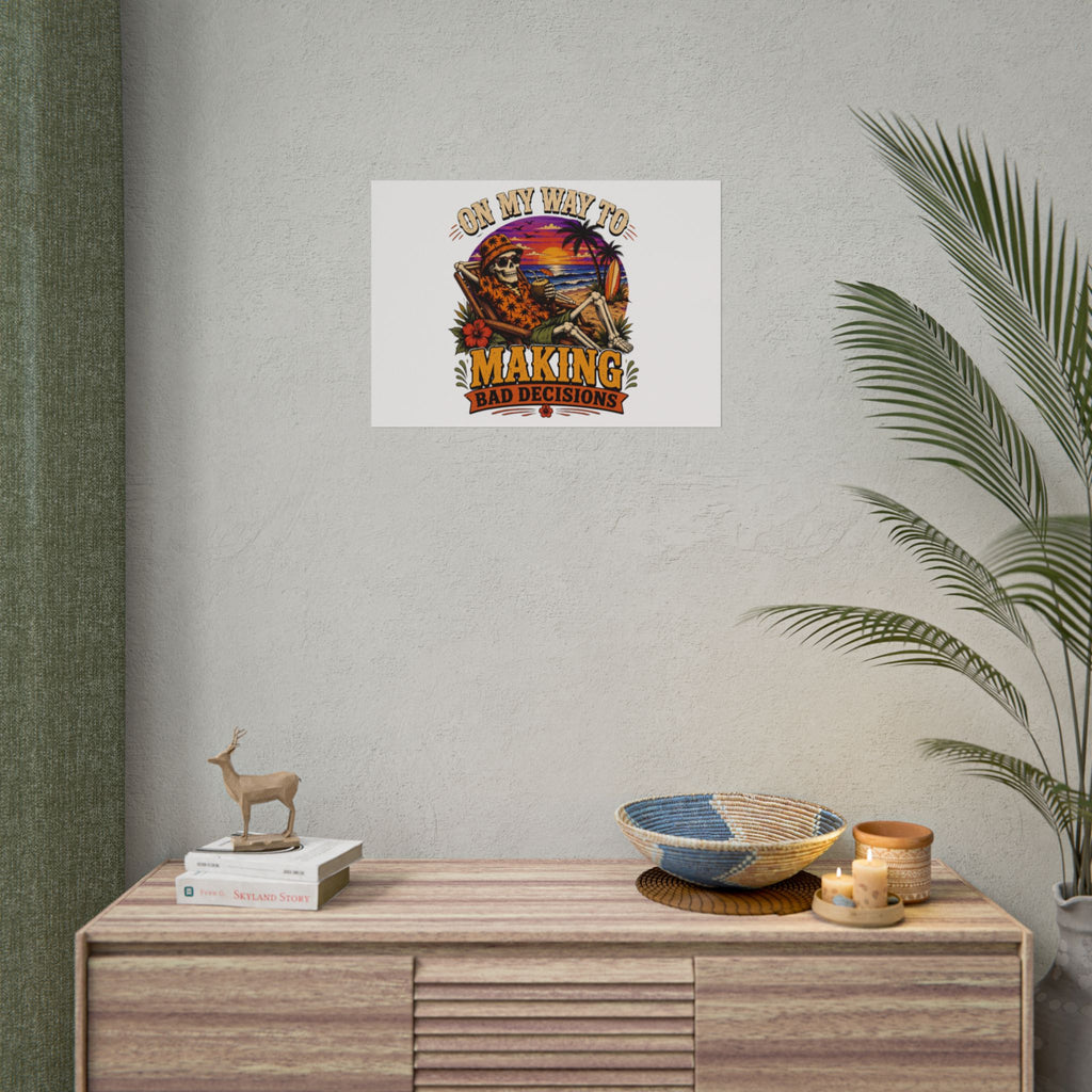 Poster print showing a grinning skeleton stretched out under a burning tropical sunset, view 28