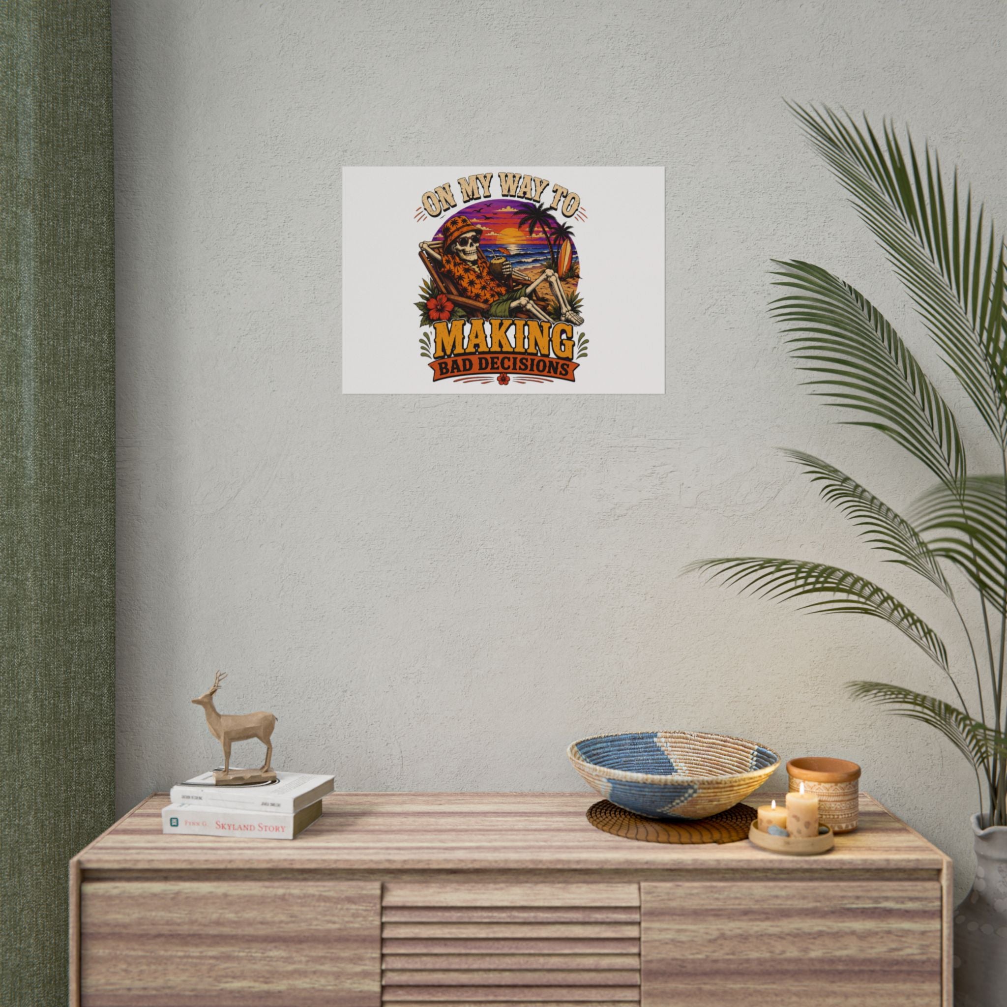 Poster print showing a grinning skeleton stretched out under a burning tropical sunset, view 28