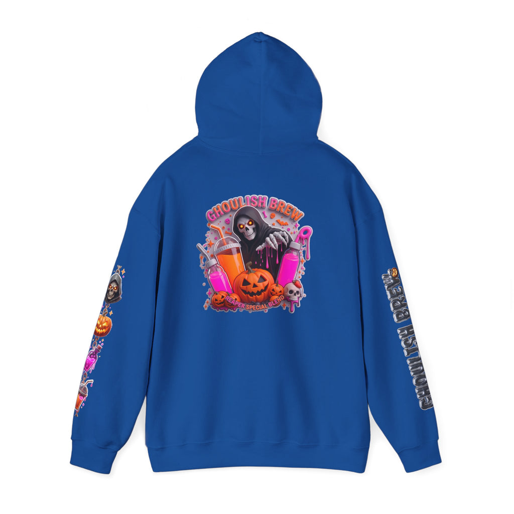 Royal hoodie folded to show the potion co. halloween graphic of jack-o-lanterns and potion bottles print