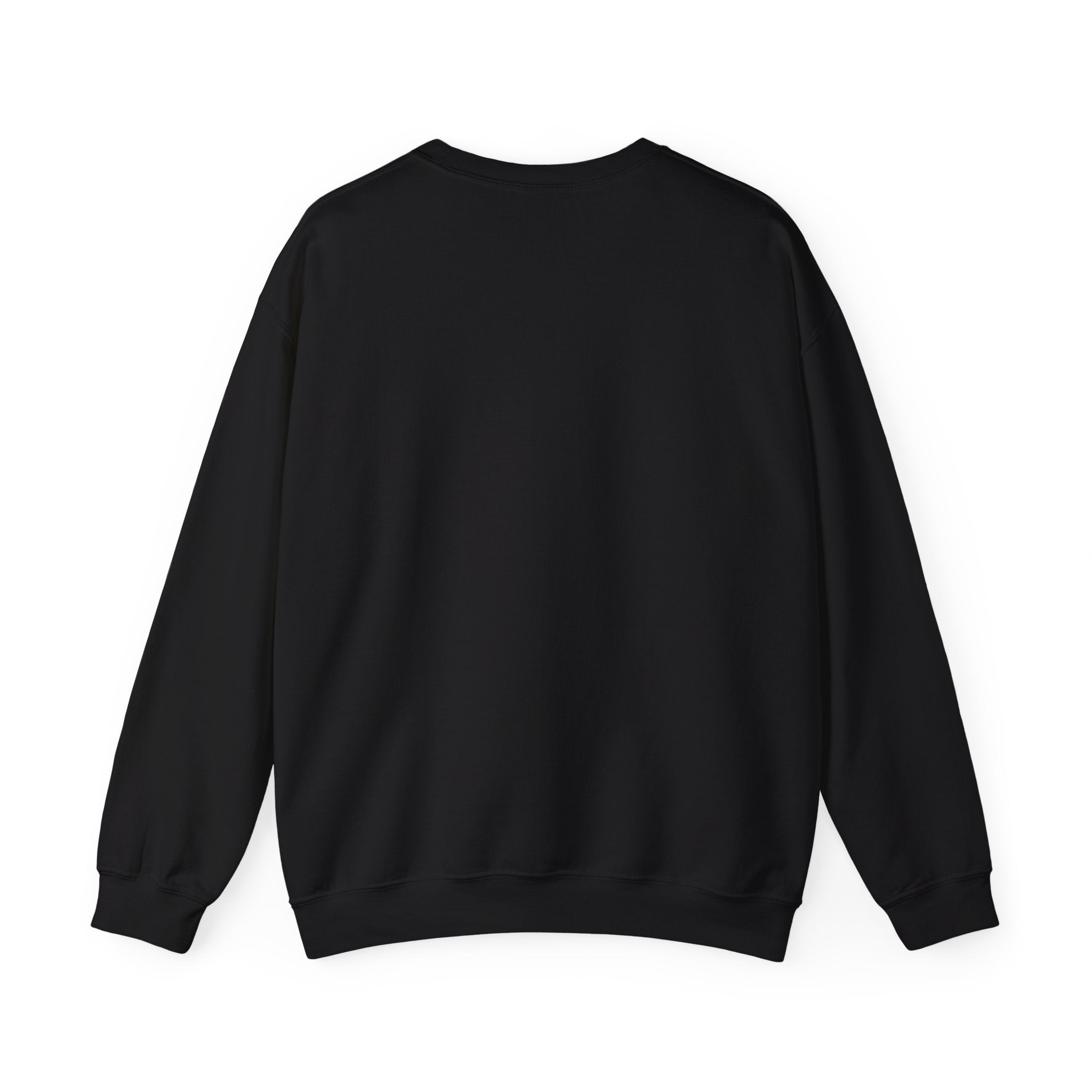 Black crewneck sweatshirt, plain back — ghosts in a retro convertible on the front