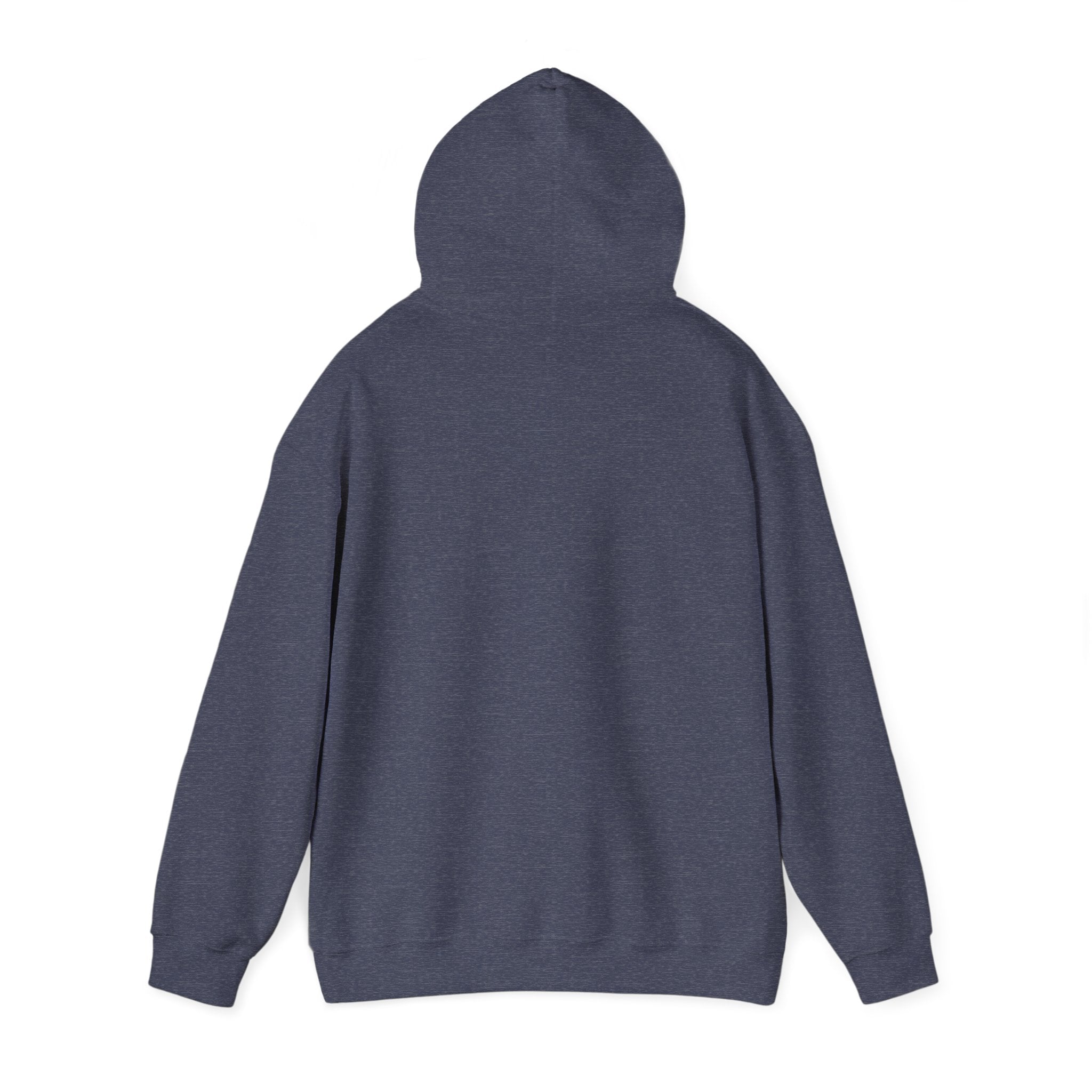 Heather Sport Dark Navy hoodie folded to show the sunset skeleton print centred on the chest print