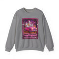 Graphite Heather crewneck sweatshirt laid flat, printed with a carload of smiling ghosts cruises in a bubblegum pink