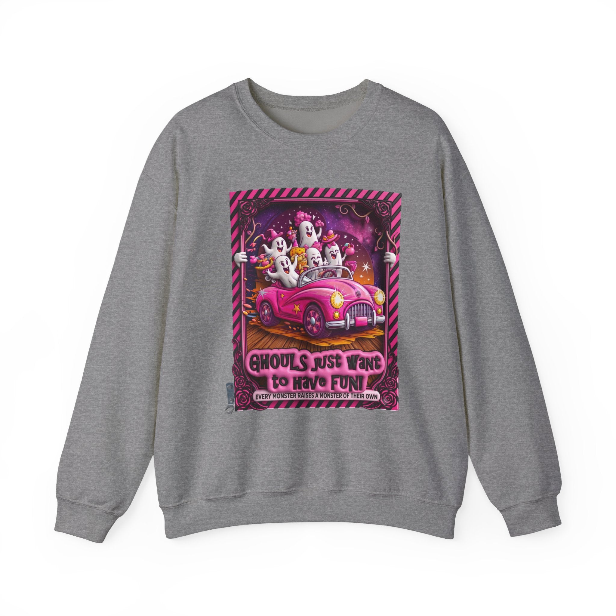 Graphite Heather crewneck sweatshirt laid flat, printed with a carload of smiling ghosts cruises in a bubblegum pink