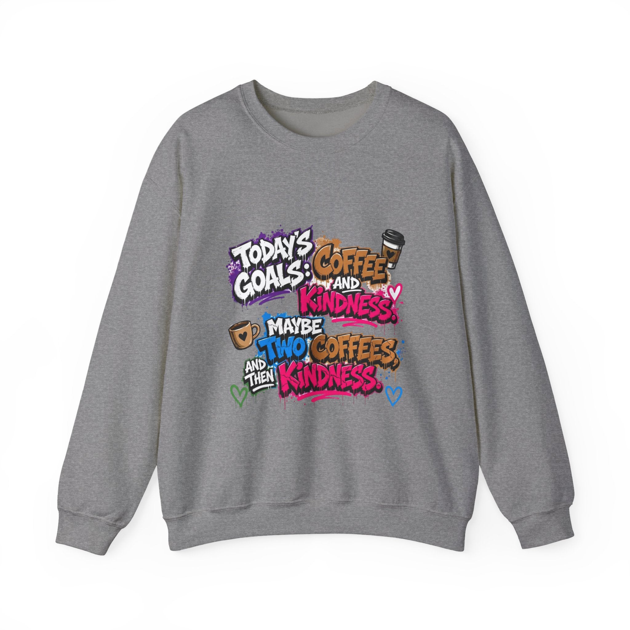 Graphite Heather crewneck sweatshirt laid flat, printed with a stacked graffiti lettering in electric pinks