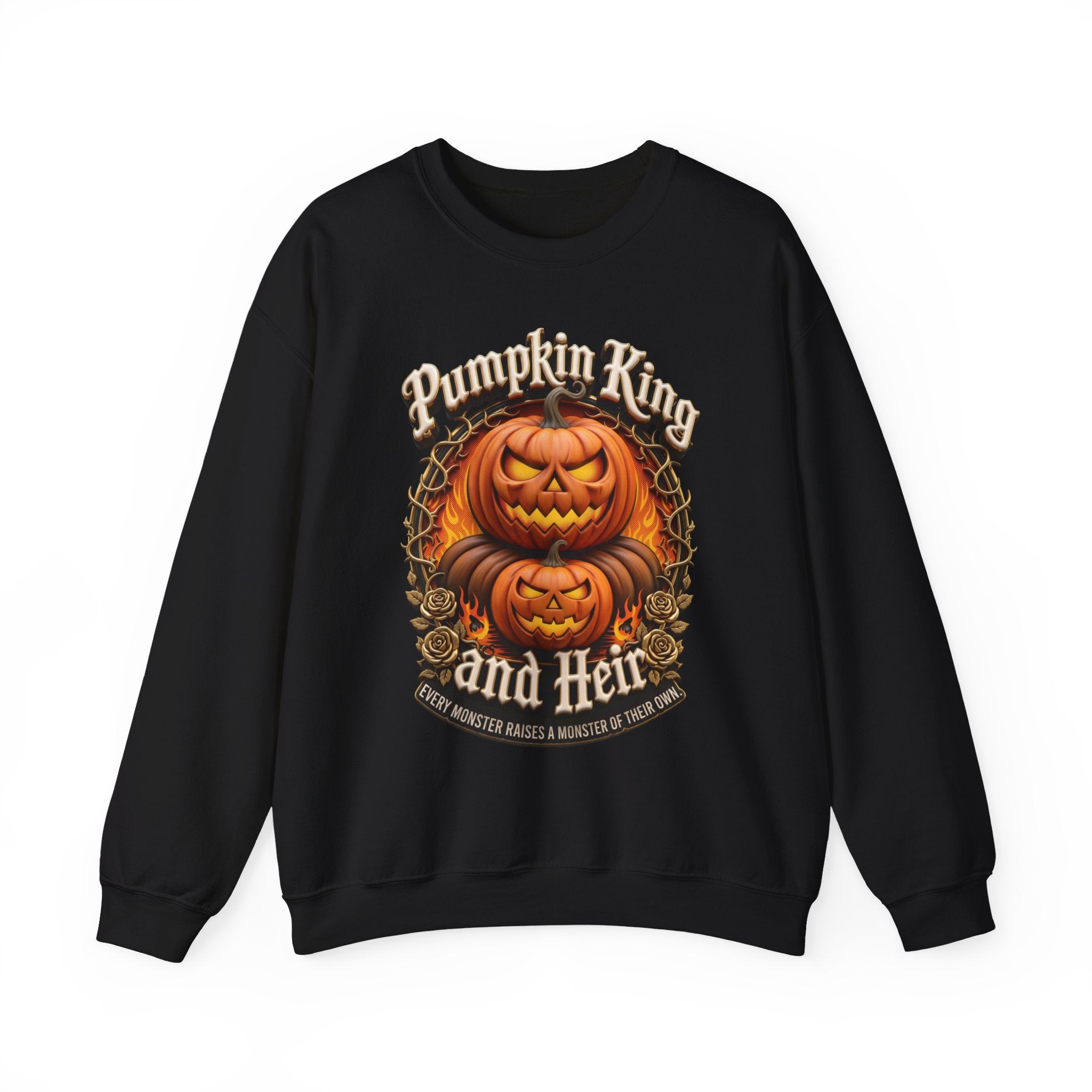 Black crewneck sweatshirt laid flat, printed with a two fierce jack-o-lanterns stack up inside a thorny wreath