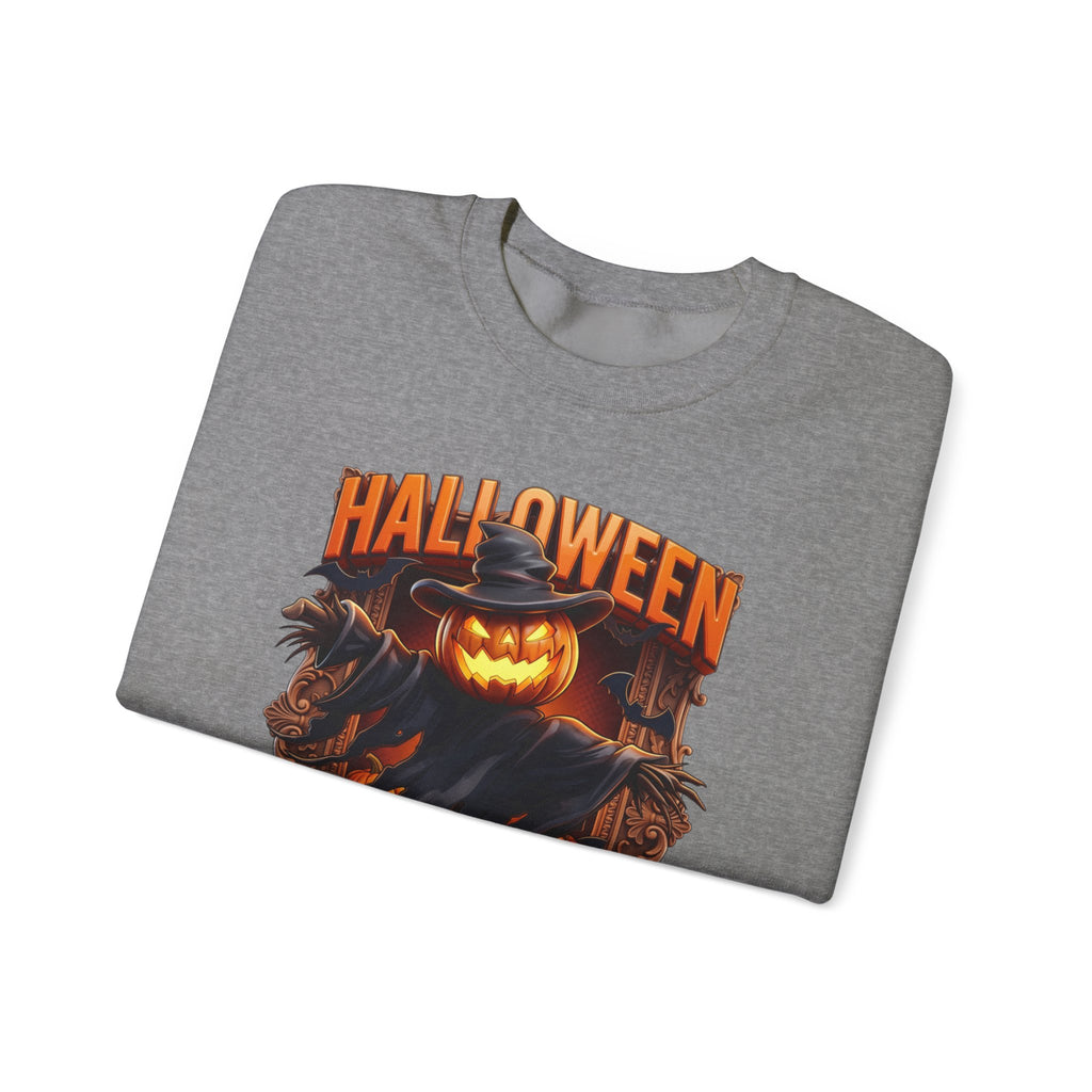 Graphite Heather crewneck sweatshirt folded to show the scarecrow with a glowing jack-o-lantern head stands print