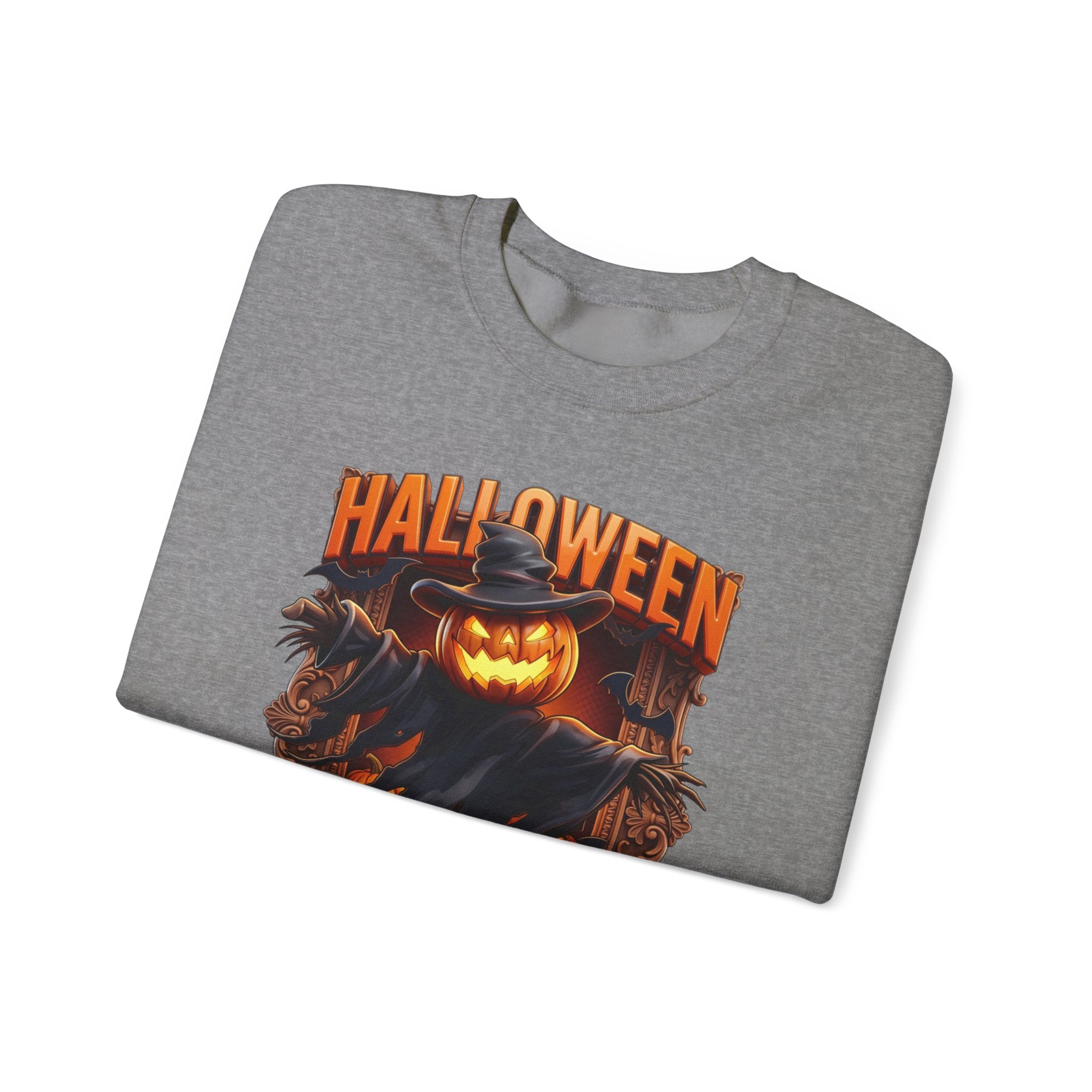 Graphite Heather crewneck sweatshirt folded to show the scarecrow with a glowing jack-o-lantern head stands print