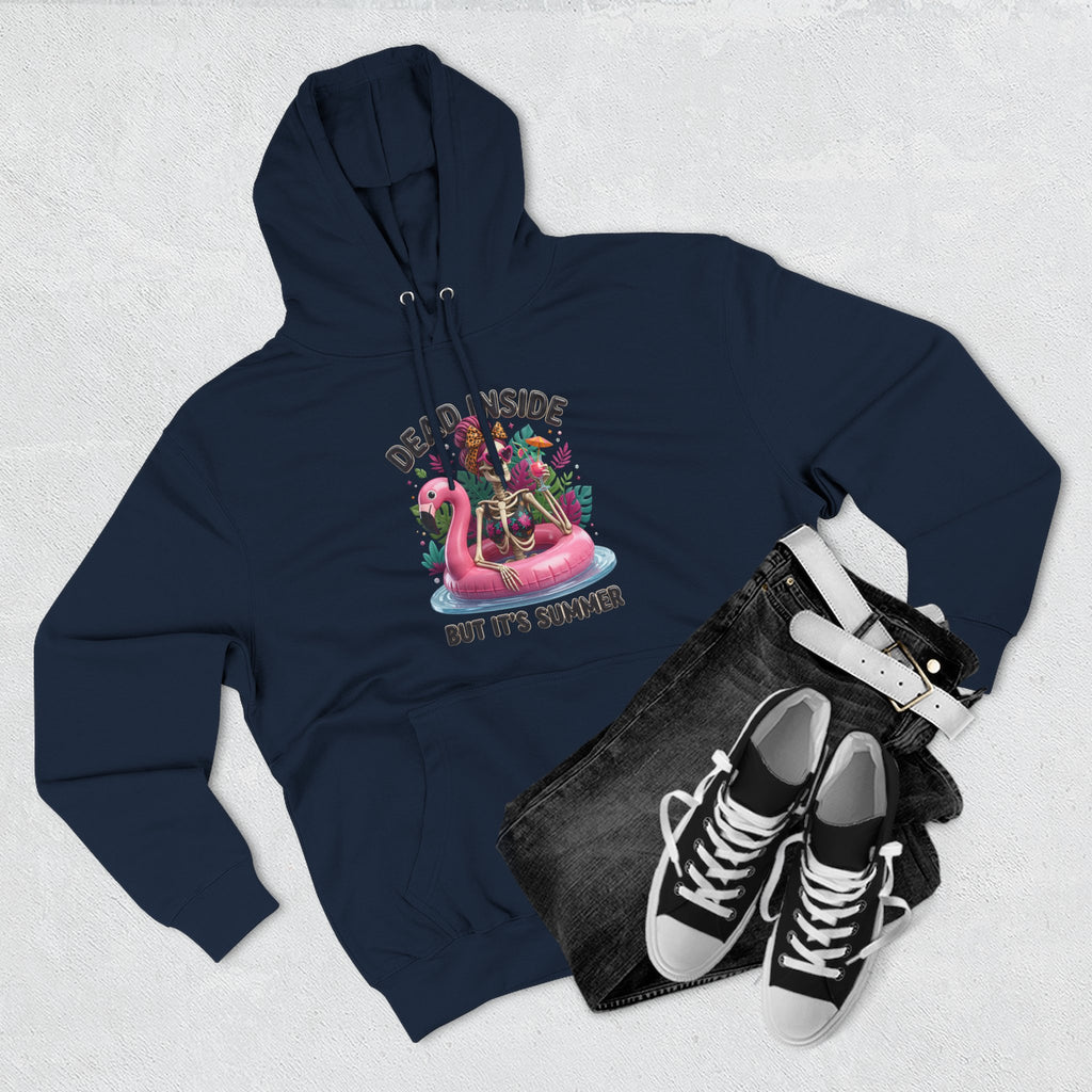 Navy hoodie folded to show the deadpan summer joke for people who run cold print