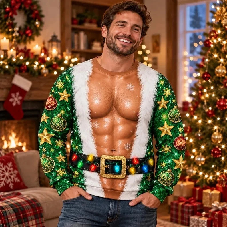 Funny Sexy Santa Faux Body Christmas Ugly Sweater Couple Sweatshirt