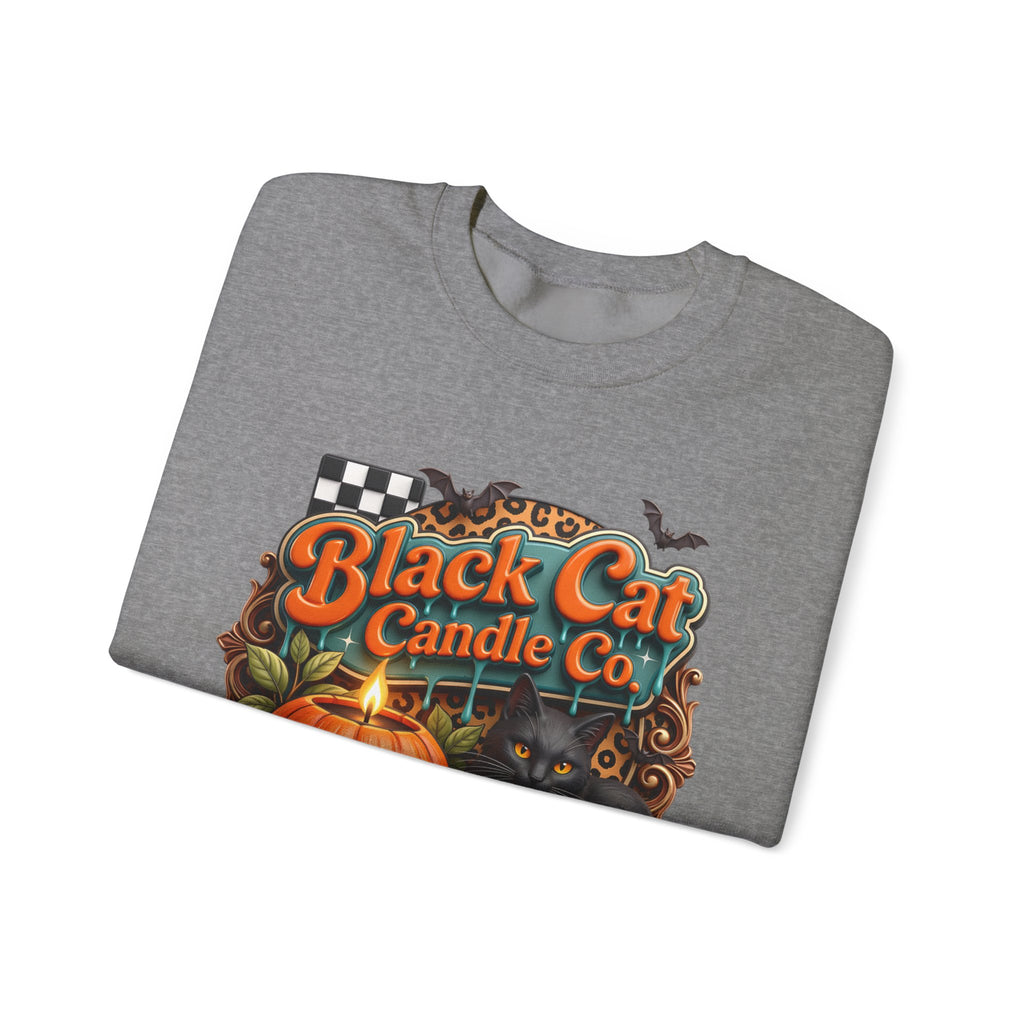 Graphite Heather crewneck sweatshirt folded to show the retro teal signboard reads black cat candle co print