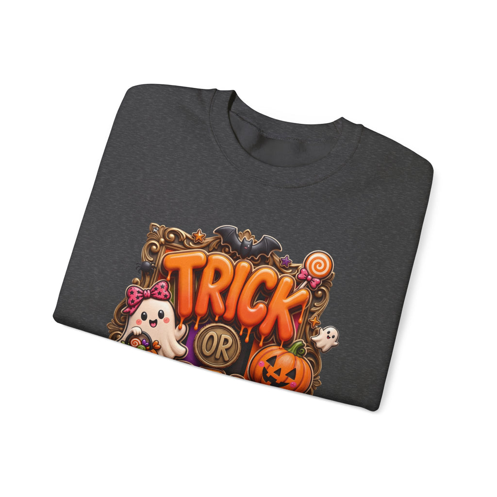 Dark Heather crewneck sweatshirt folded to show the puffy orange trick or treat lettering frames a bow-wearing print