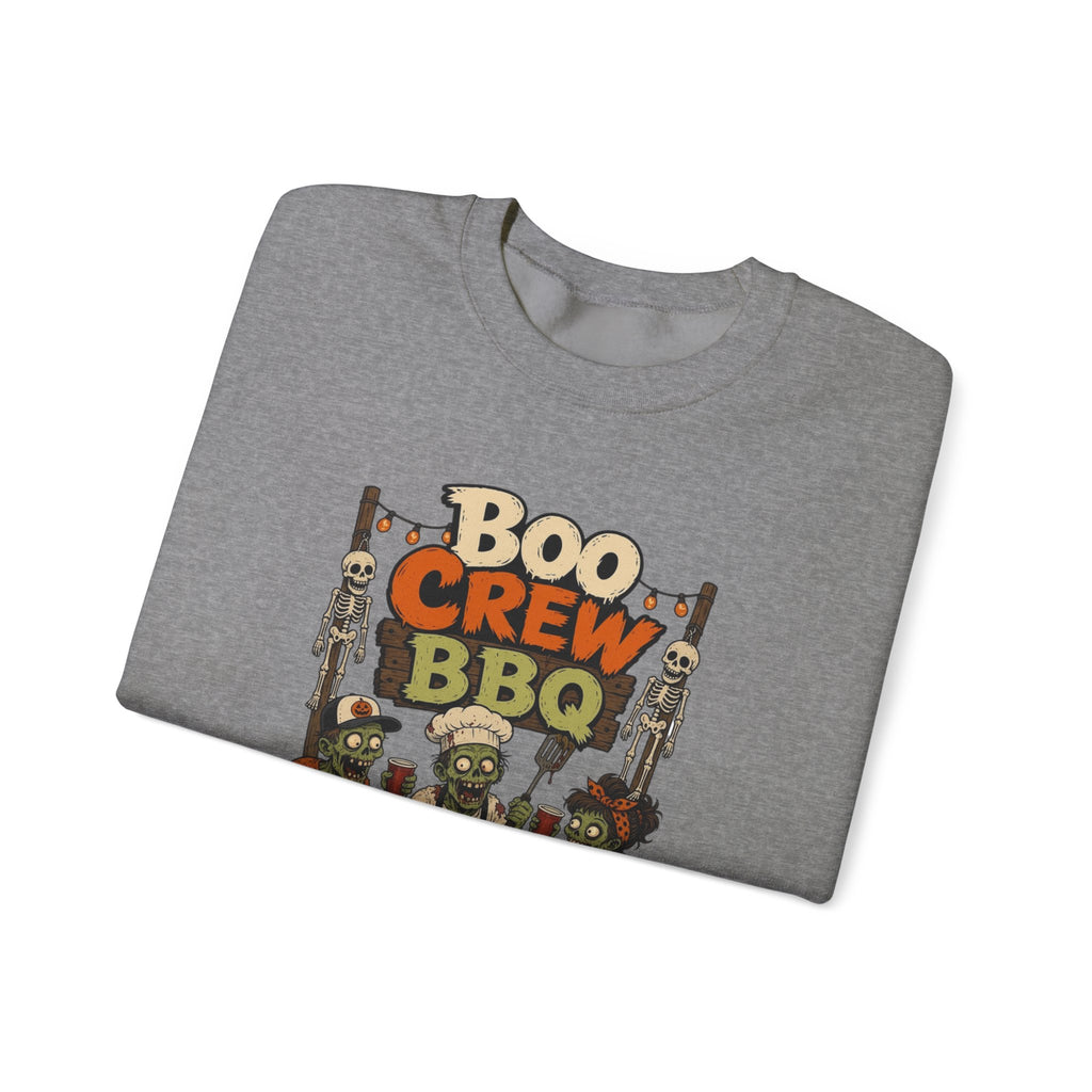 Graphite Heather crewneck sweatshirt folded to show the skeletons and zombies working the grill under a hand-painted print