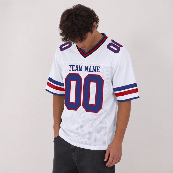 Custom White Red Blue Football Jersey – Personalized Team Name and Number