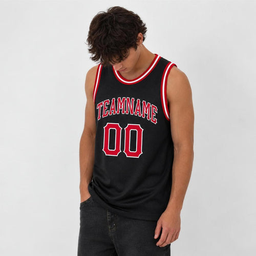 Custom Black Red-White Round Neck Rib-Knit Basketball Jersey - 2