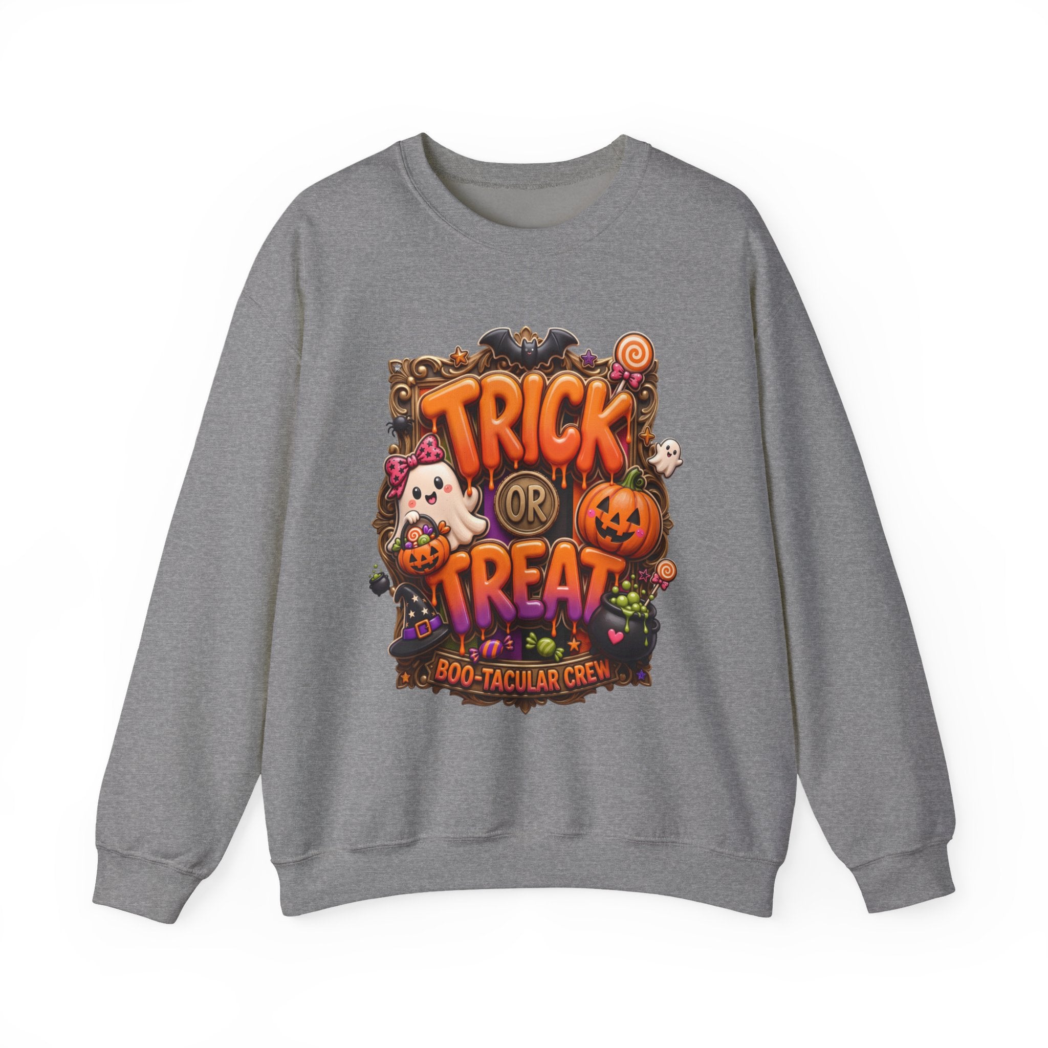 Graphite Heather crewneck sweatshirt laid flat, printed with a puffy orange trick or treat lettering frames a bow-wearing