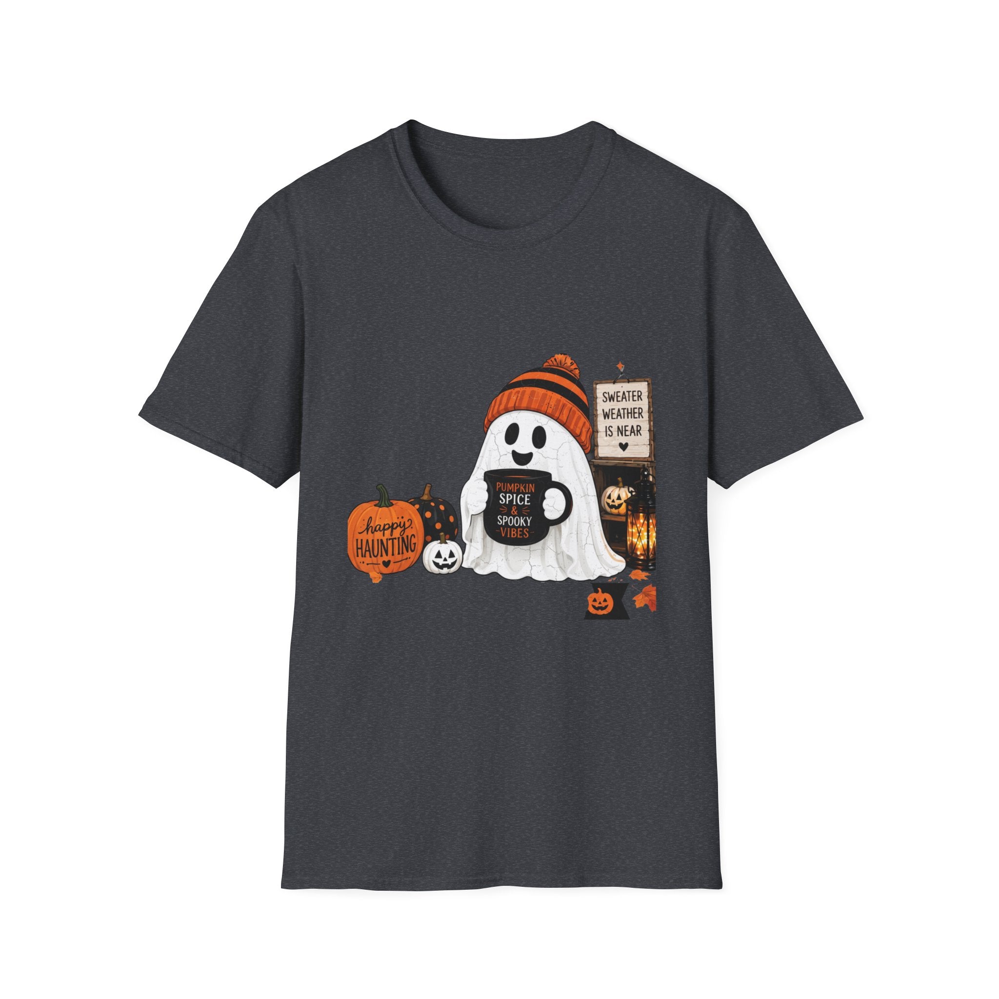 Dark Heather Grey t-shirt, plain back — small ghost in a knitted beanie on the front