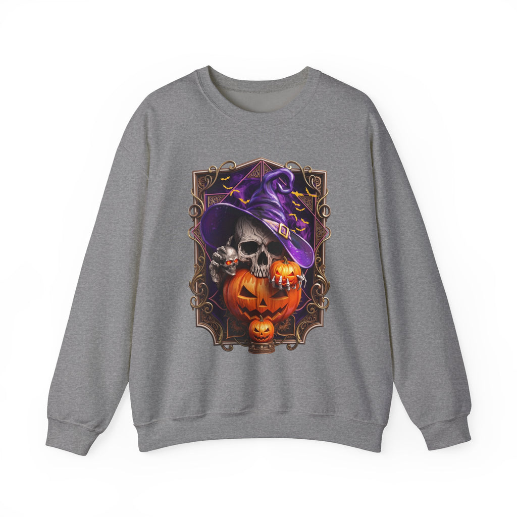 Graphite Heather crewneck sweatshirt laid flat, printed with a skull in a slouchy purple witch hat peers out