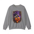 Graphite Heather crewneck sweatshirt laid flat, printed with a skull in a slouchy purple witch hat peers out