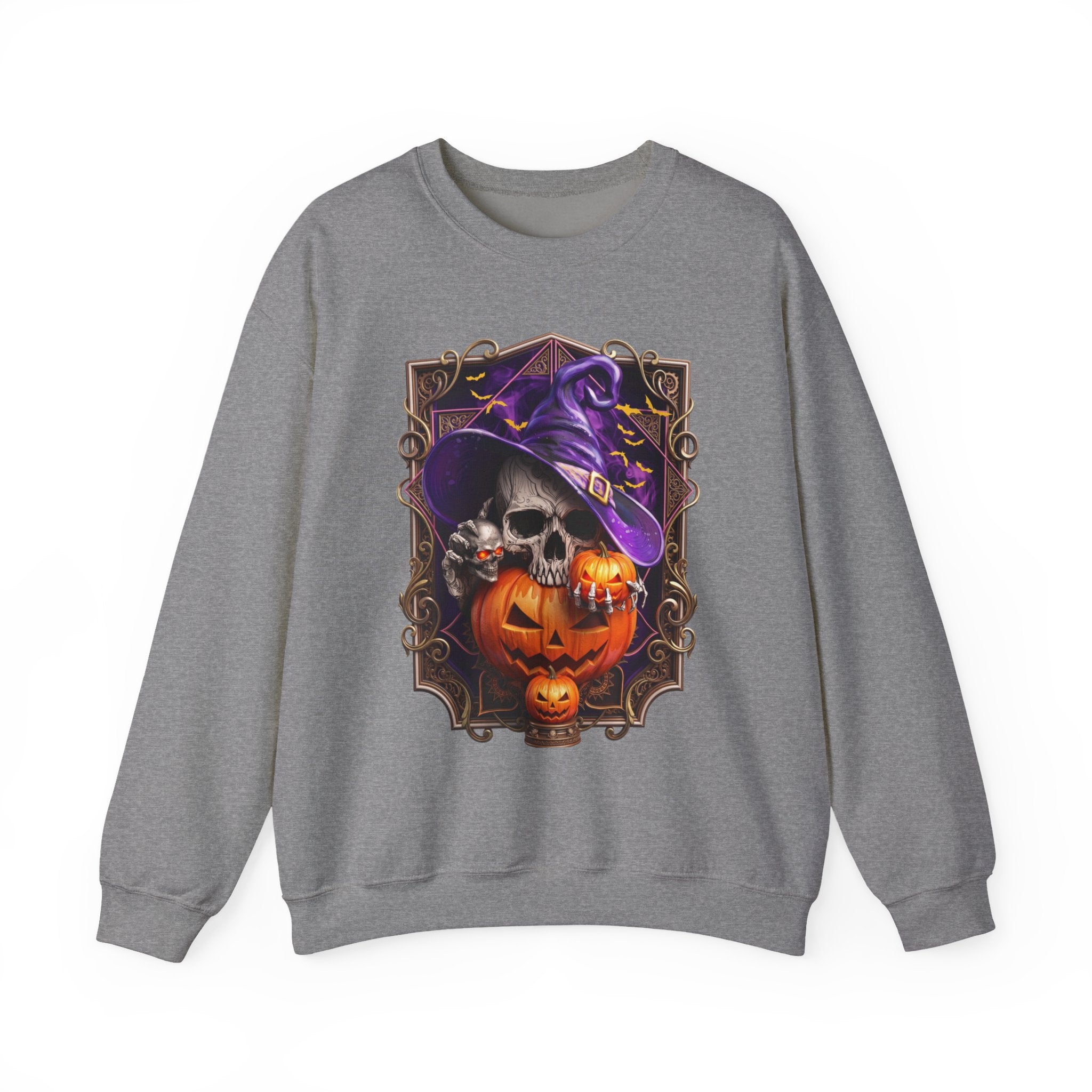 Graphite Heather crewneck sweatshirt laid flat, printed with a skull in a slouchy purple witch hat peers out
