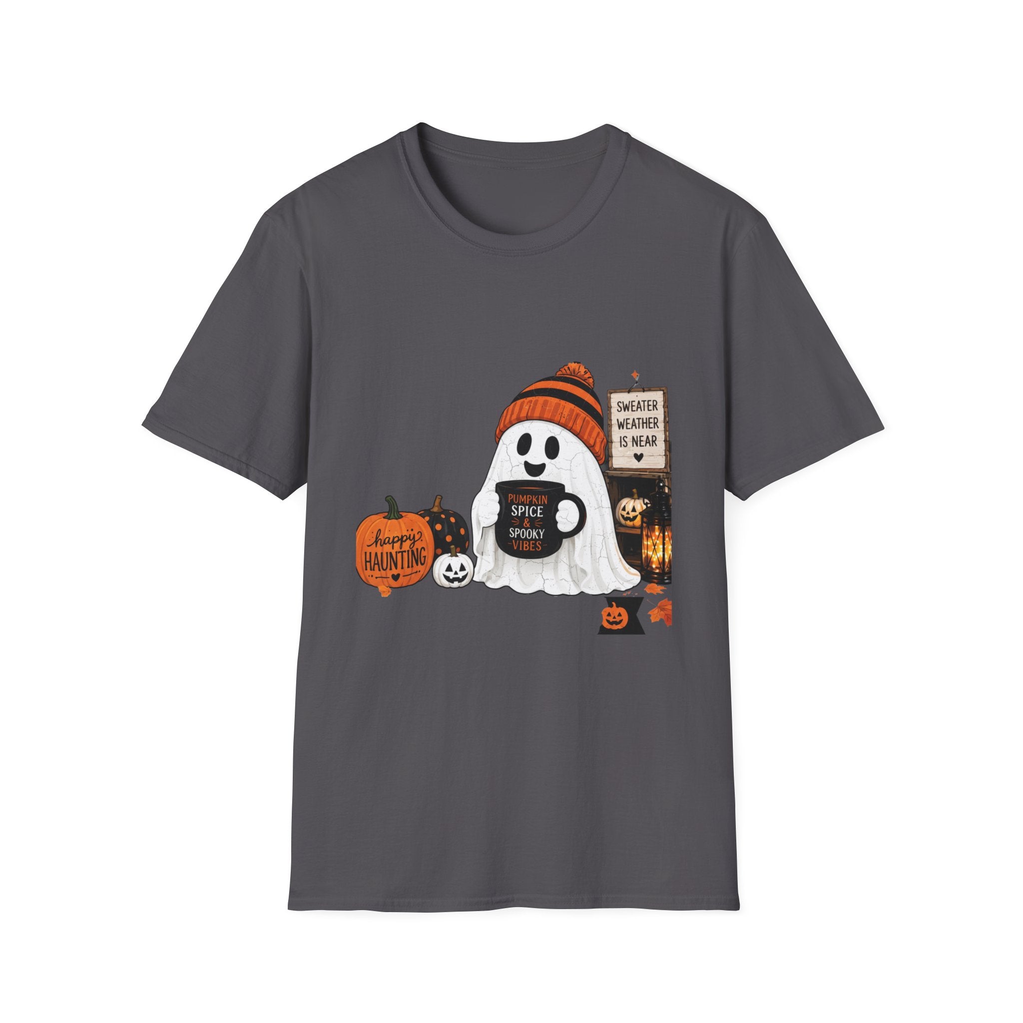 Charcoal t-shirt laid flat, printed with a small ghost in a knitted beanie holding a hand-painted