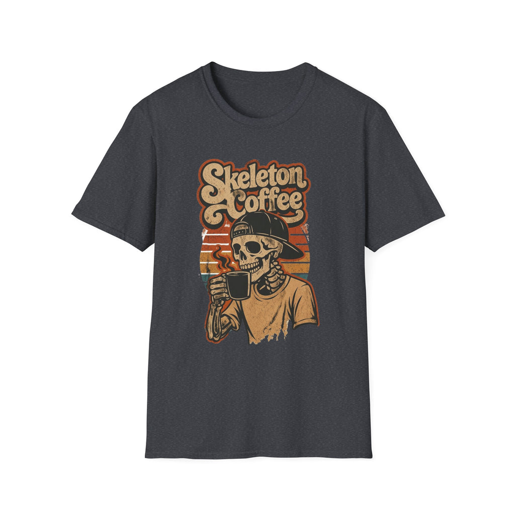 Dark Heather Grey t-shirt, plain back — skeleton in a sweater holding coffee on the front