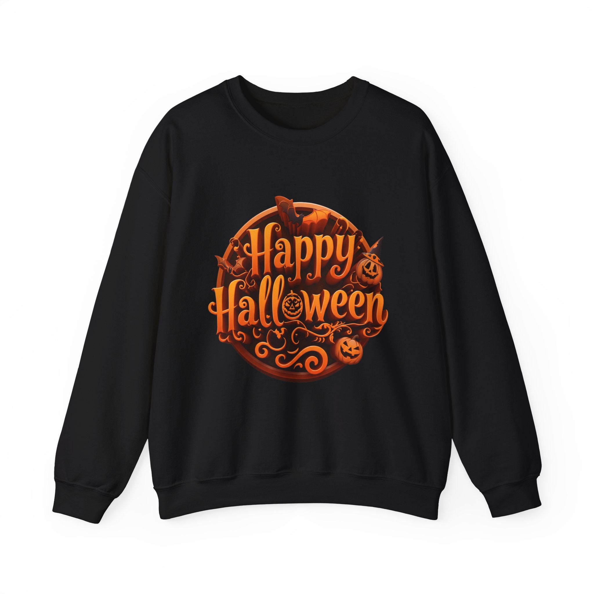 Black crewneck sweatshirt laid flat, printed with a glowing orange happy halloween script fills a round badge
