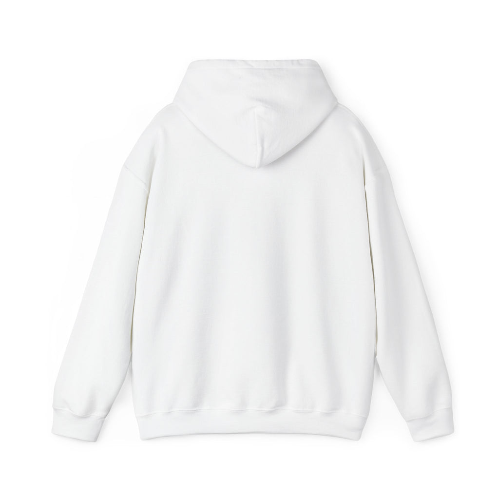 White hoodie, plain back — sunset skeleton print on the front