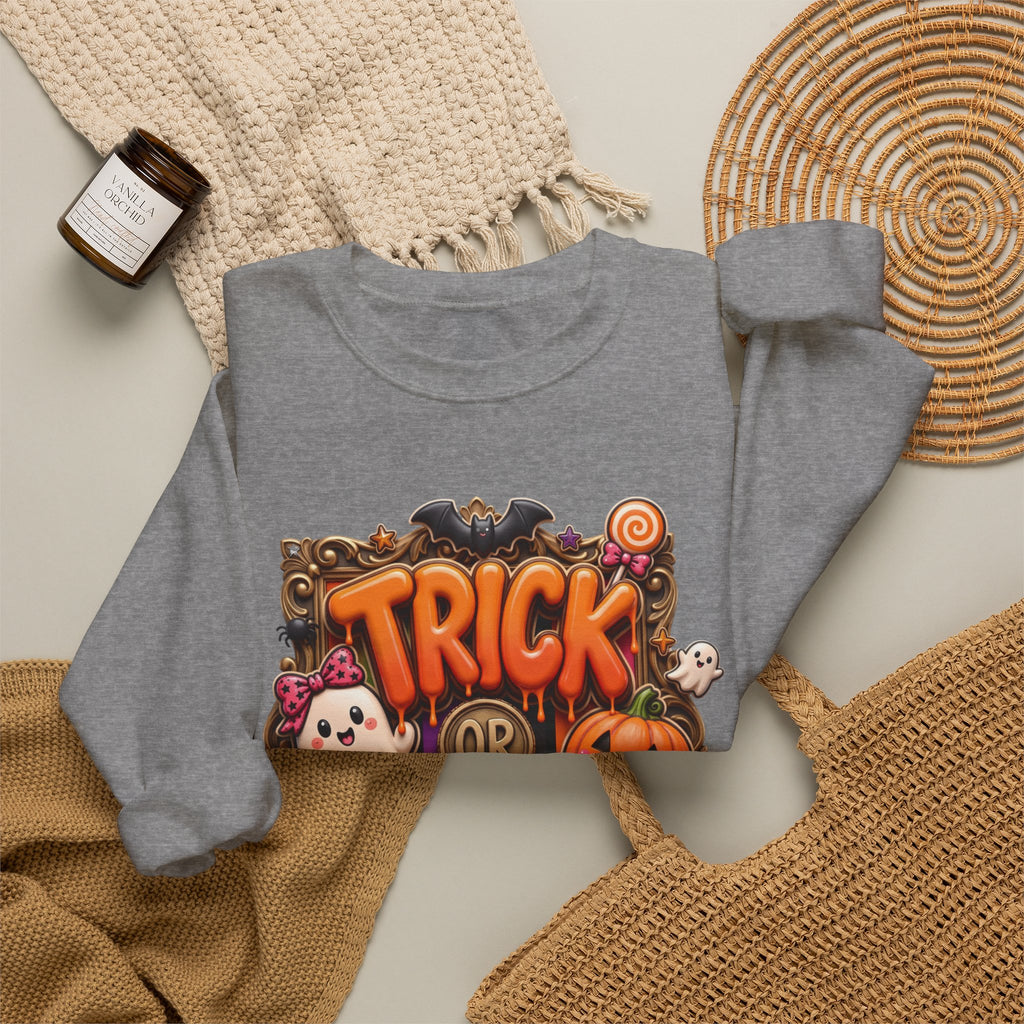 Graphite Heather crewneck sweatshirt styled flat with a candle — puffy orange trick or treat lettering