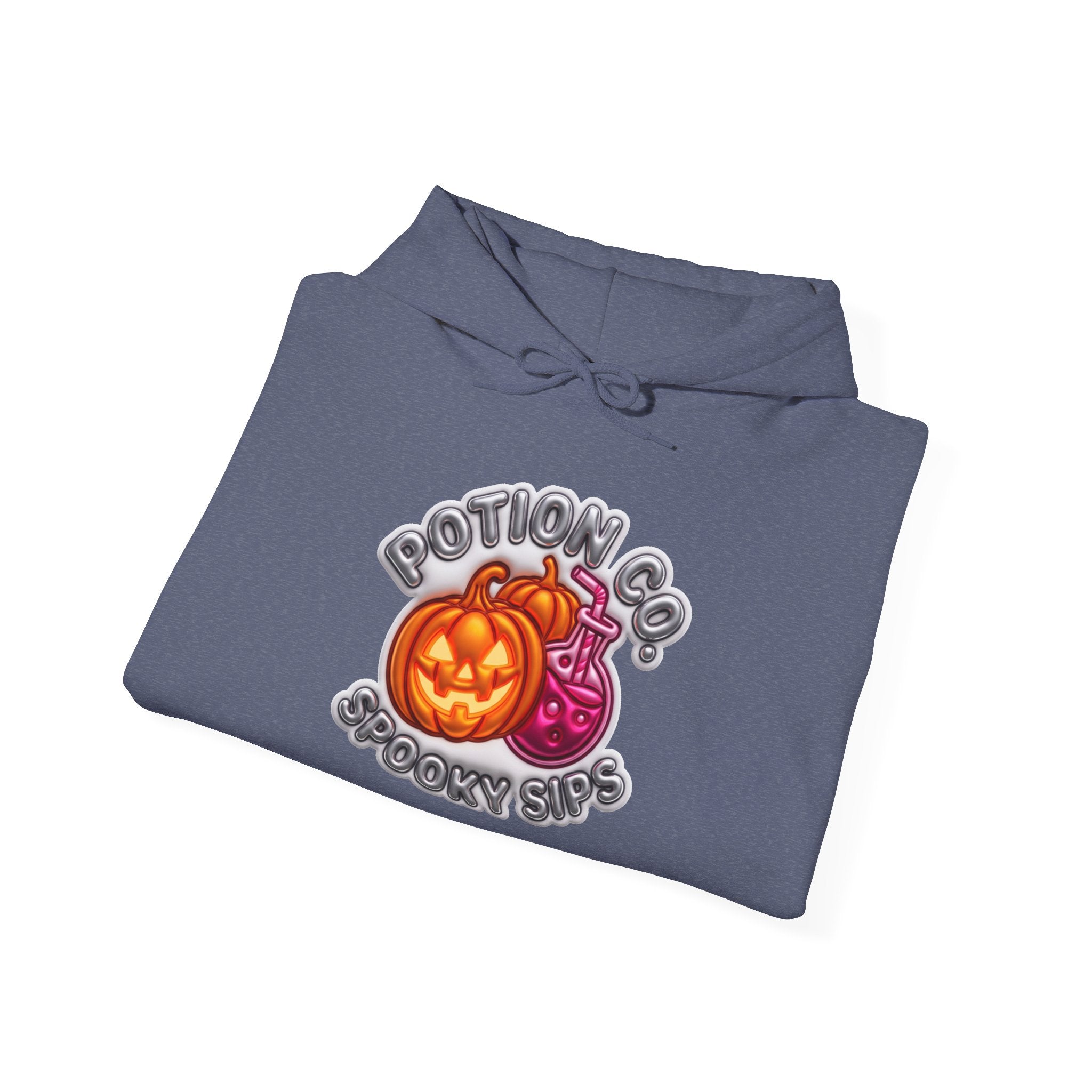 Heather Navy hoodie styled flat with a candle — Potion Co jack-o-lanterns and potion bottles