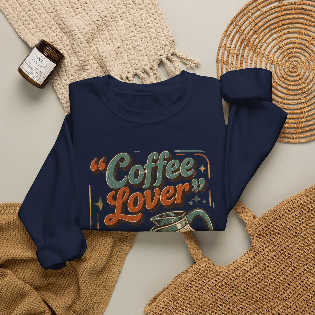 Navy crewneck sweatshirt styled flat with a candle — retro coffee pot