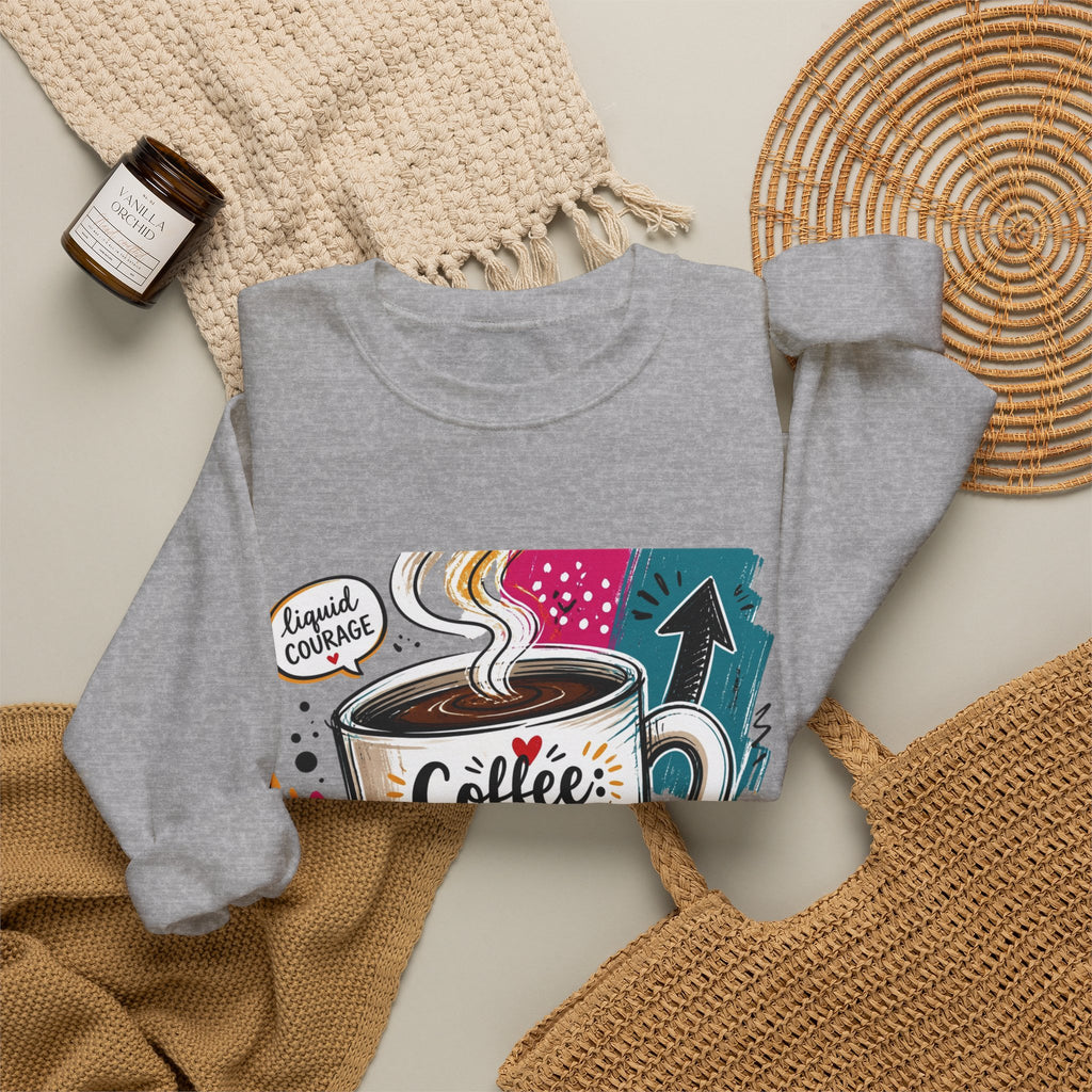 Sport Grey crewneck sweatshirt styled flat with a candle — striped mug in a paper collage