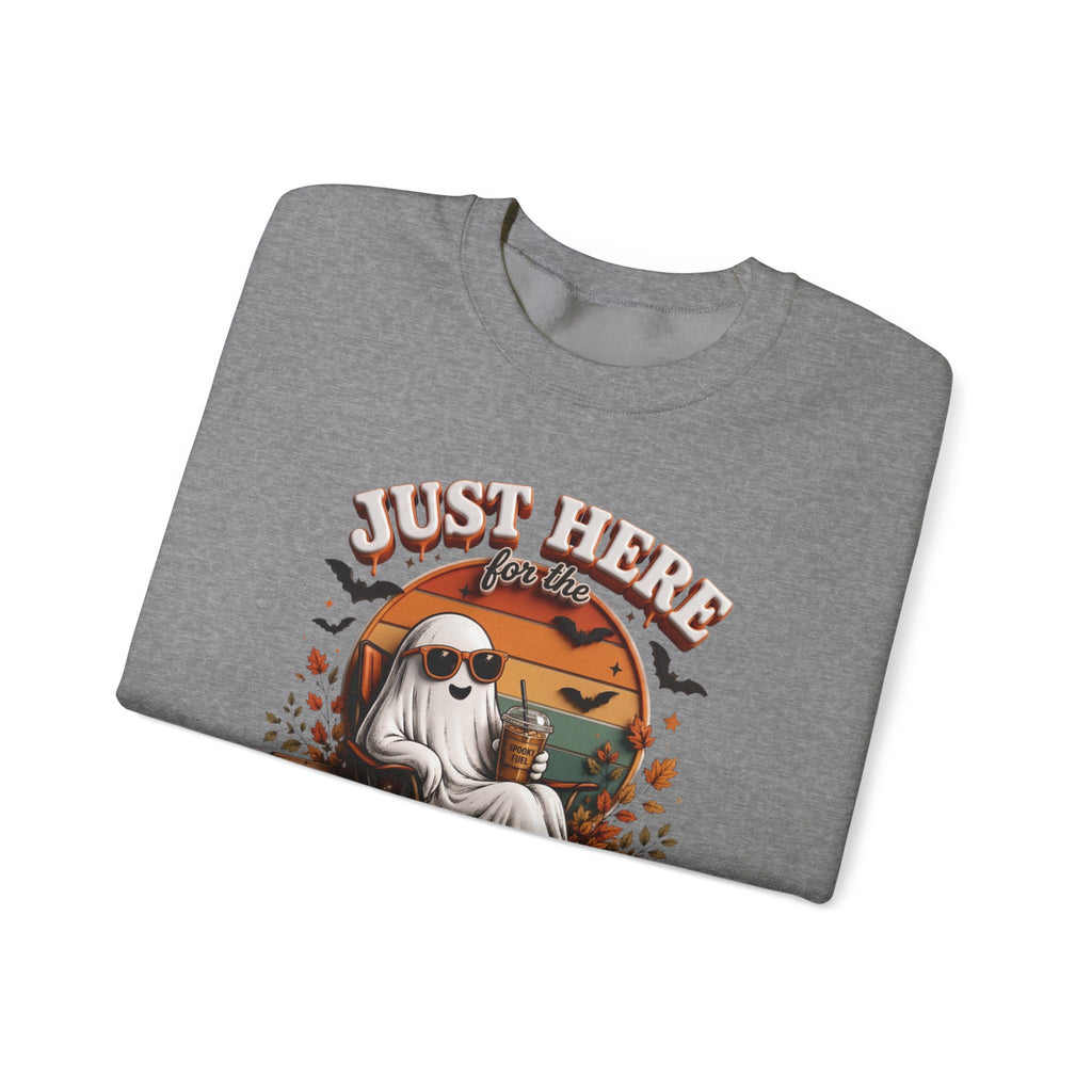Graphite Heather crewneck sweatshirt folded to show the ghost in sunglasses kicks back with an iced coffee print