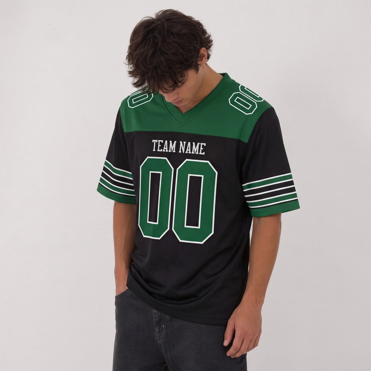 Custom Black Grass Green-White Mesh Football Jersey - 2