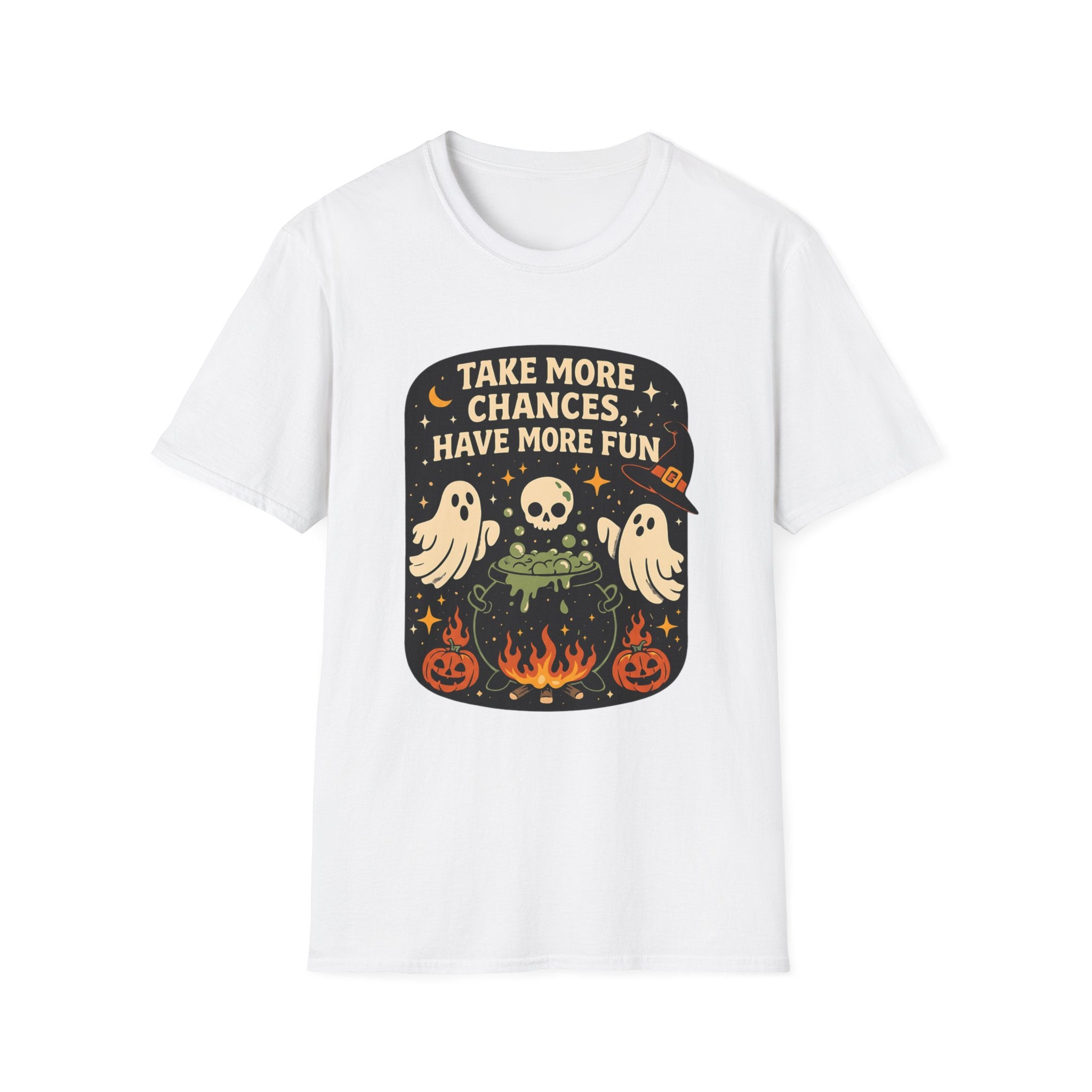White t-shirt laid flat, printed with a two ghosts around a campfire inside a rounded vintage