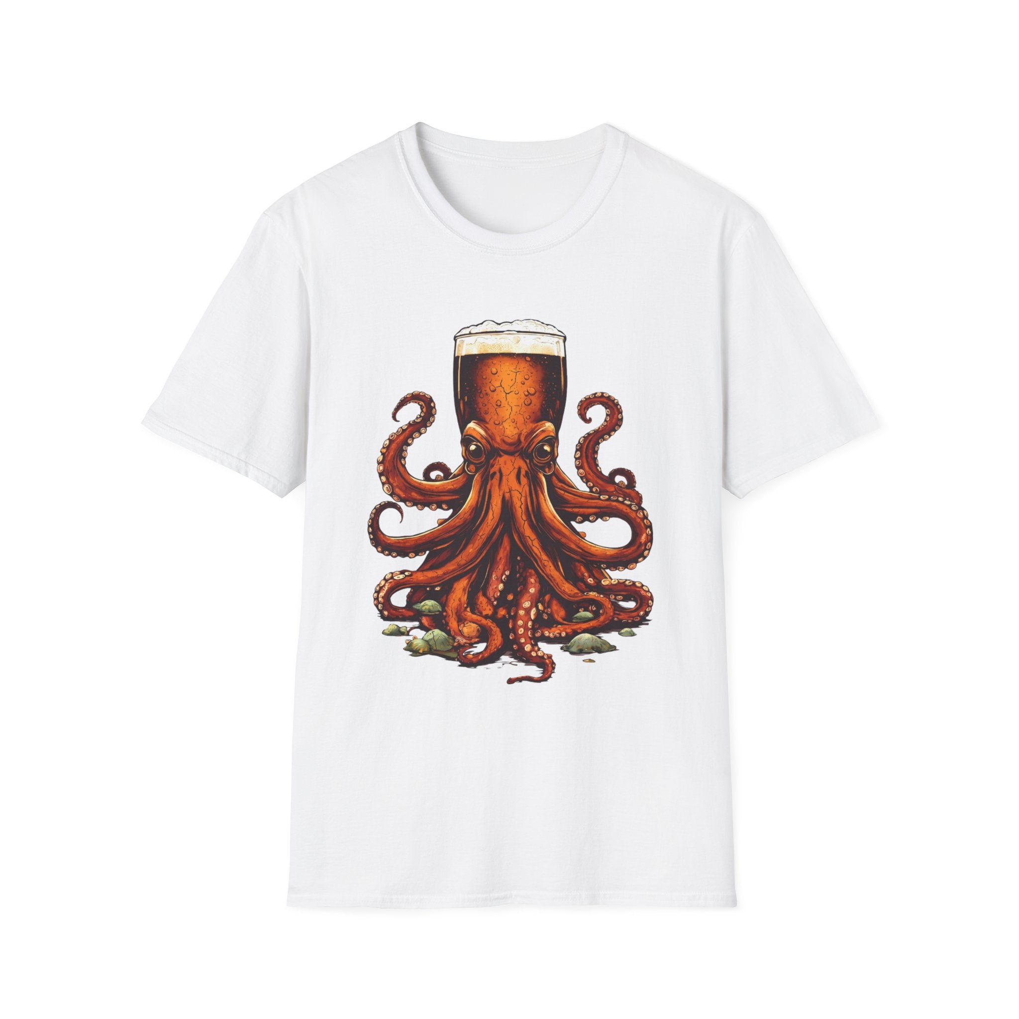 White t-shirt laid flat, printed with a detailed octopus wrapped around a full glass of beer