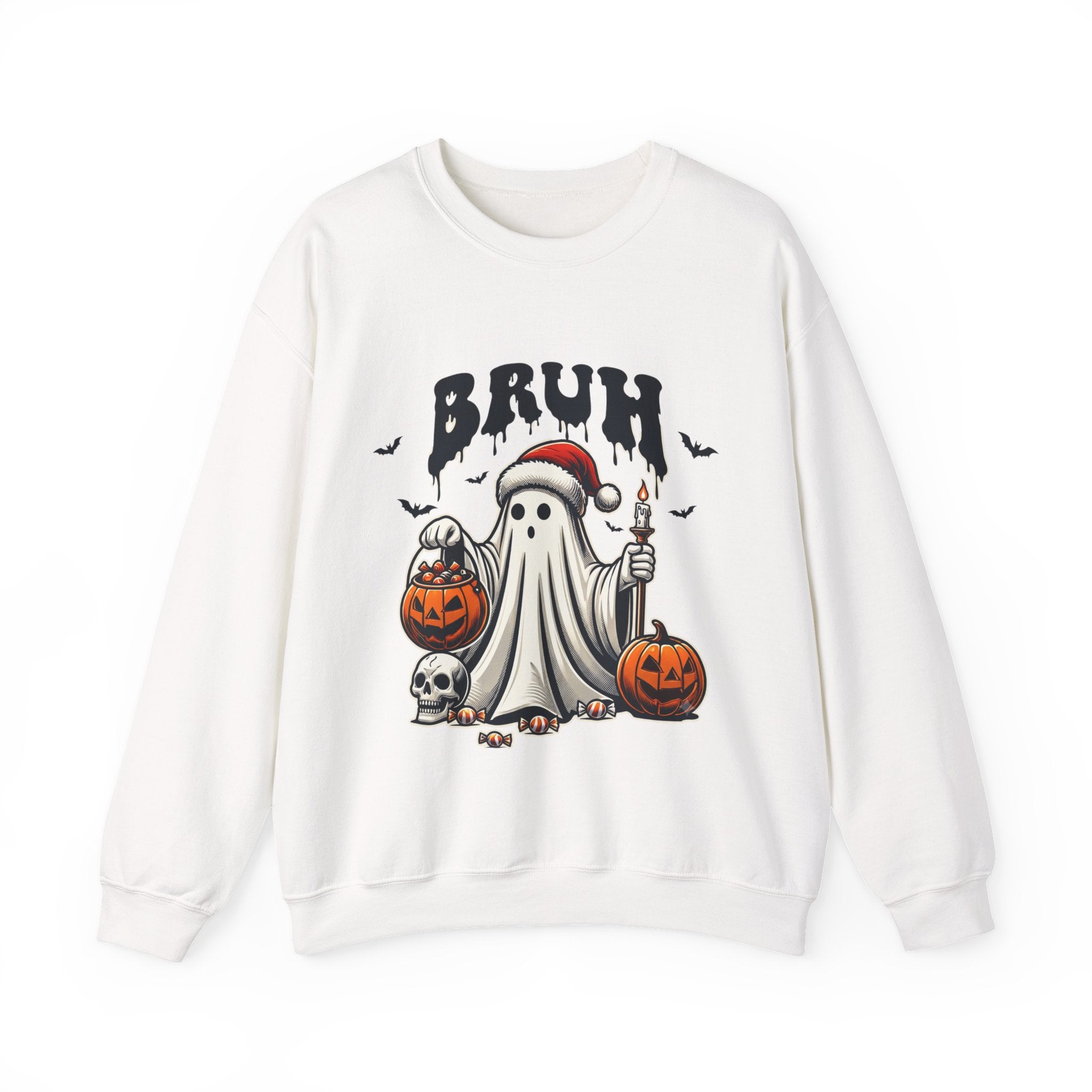 White crewneck sweatshirt laid flat, printed with a bats above