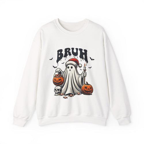 White crewneck sweatshirt laid flat, printed with a bats above