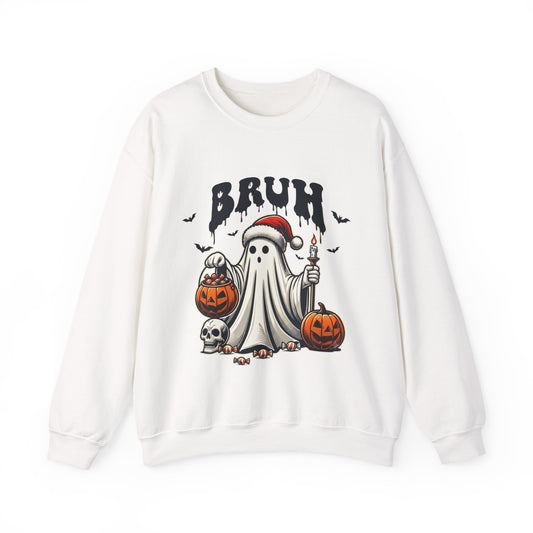 White crewneck sweatshirt laid flat, printed with a bats above