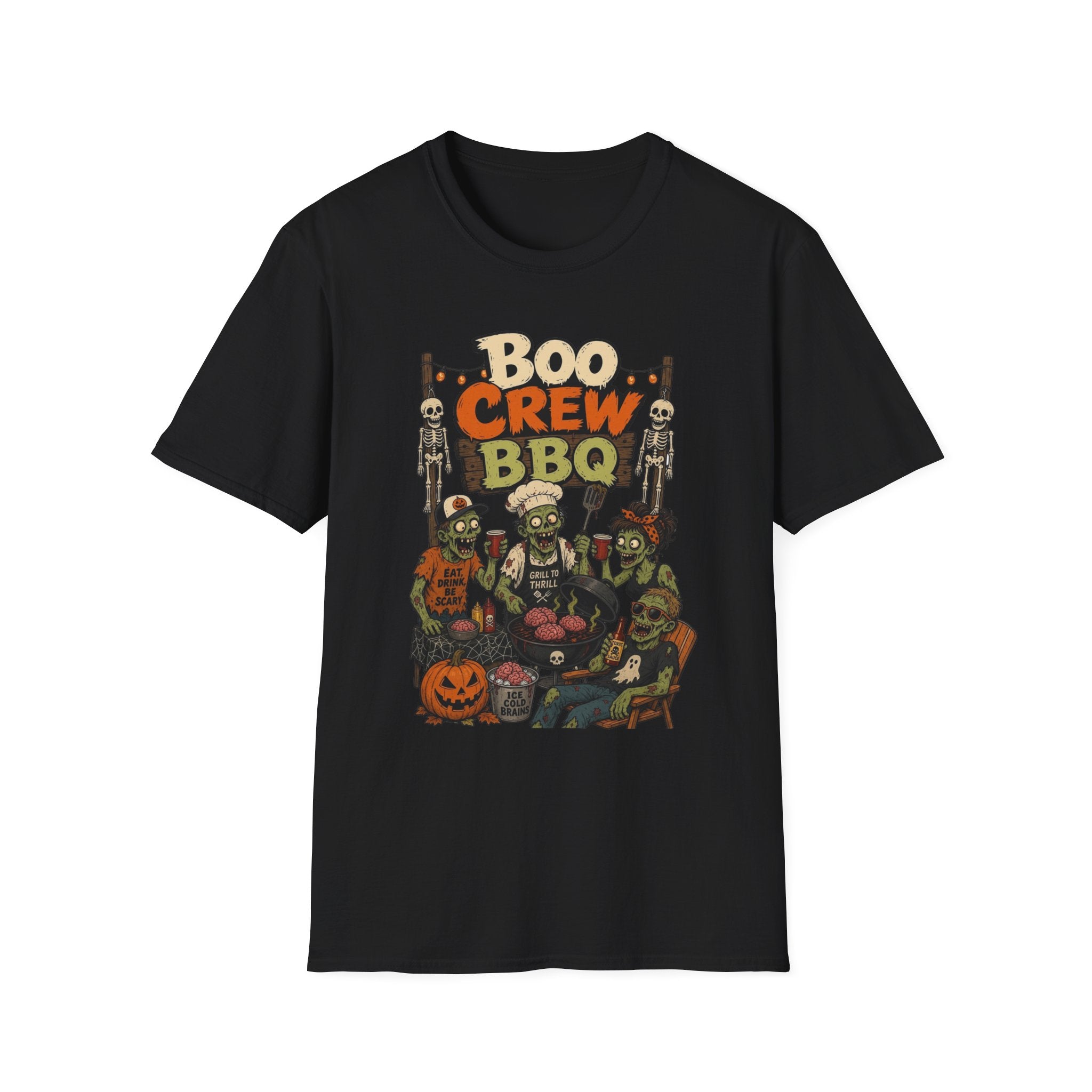 Black t-shirt laid flat, printed with a skeletons and zombies crowded around a smoking grill