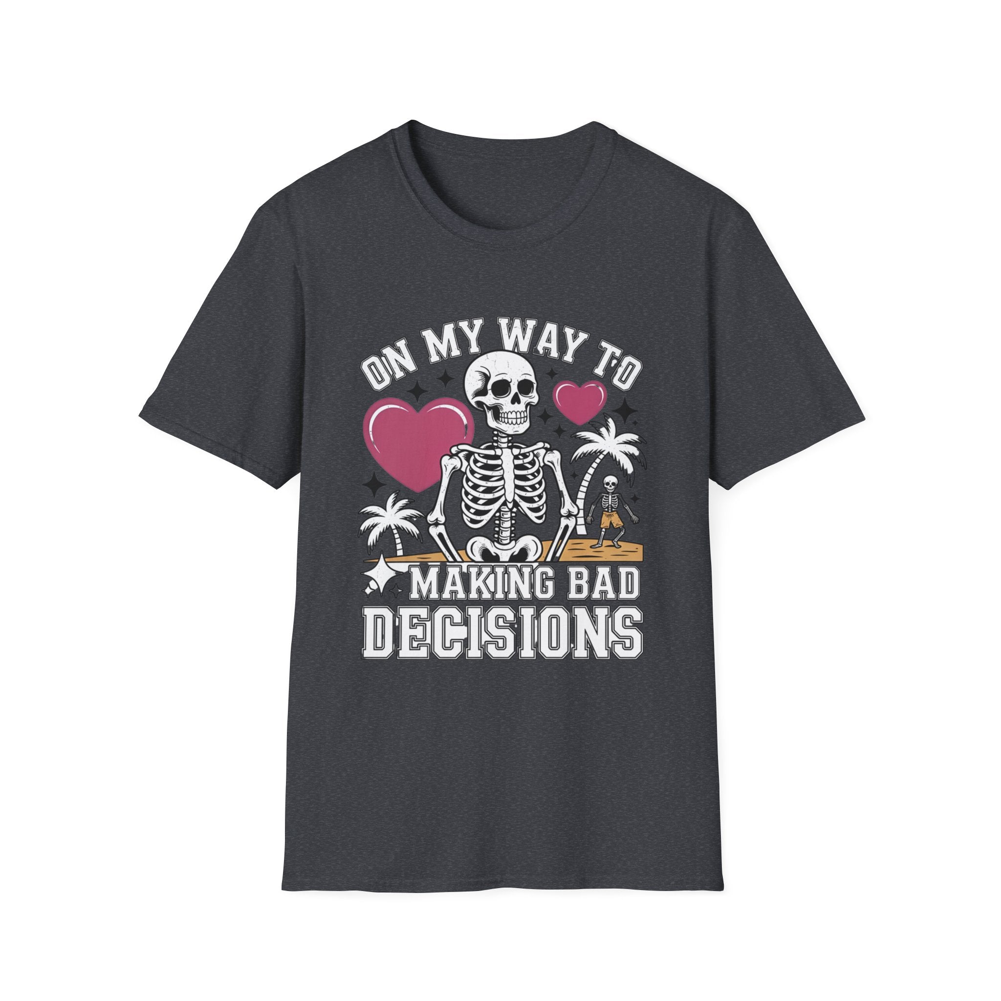 Dark Heather Grey t-shirt, plain back — line-drawn skeletons under pink hearts on the front
