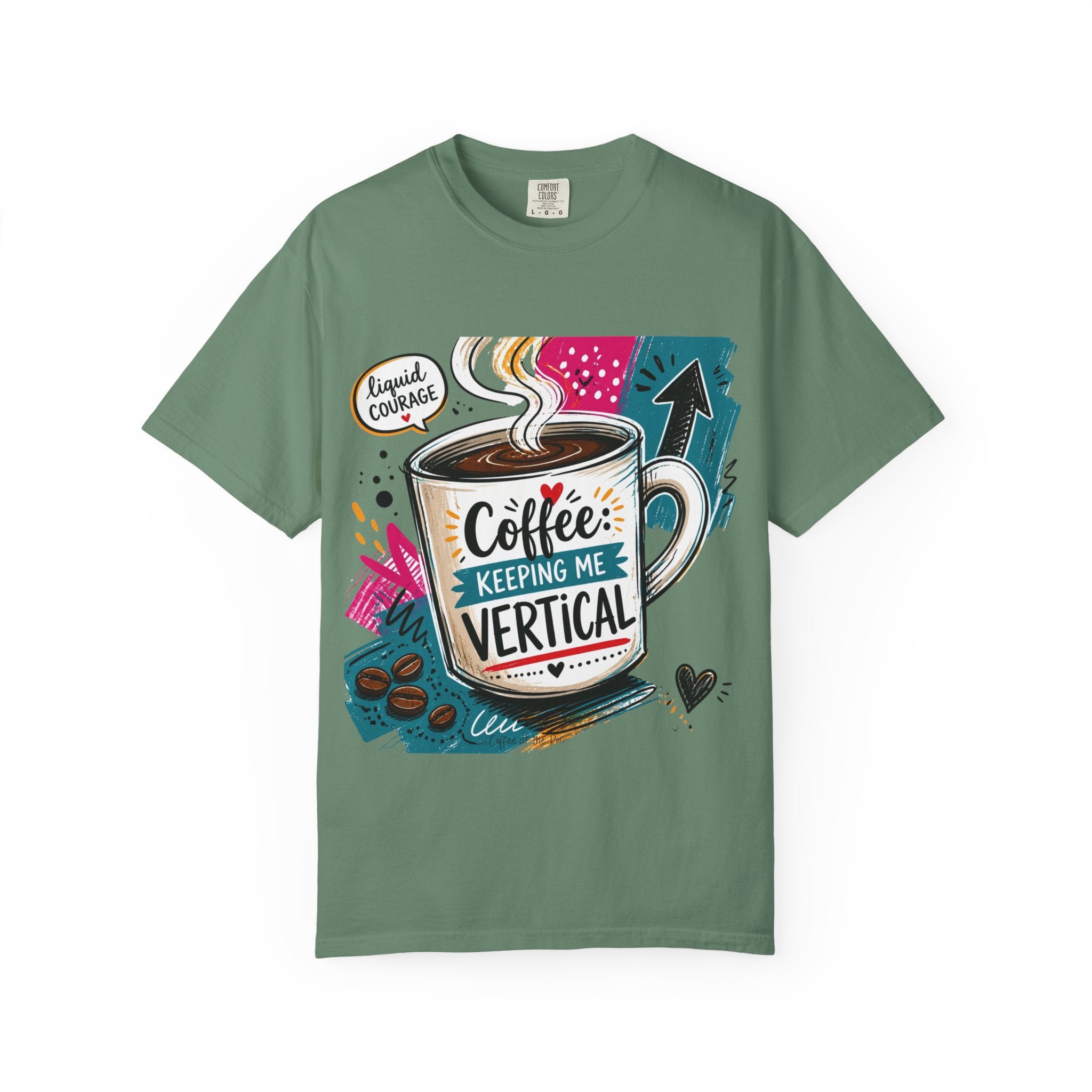 Light Green t-shirt laid flat, printed with a tall striped mug set into a busy retro collage
