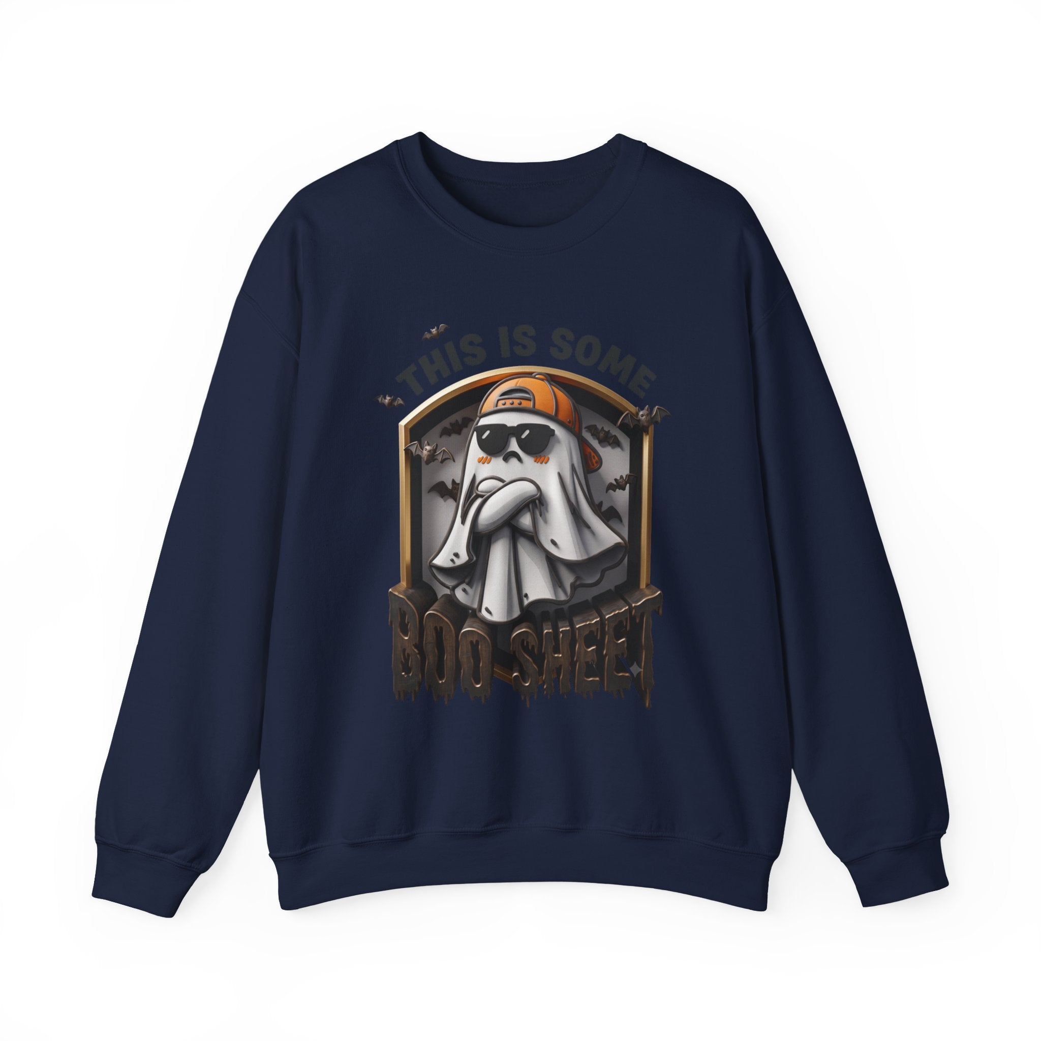 Navy crewneck sweatshirt laid flat, printed with a sheet ghost in black sunglasses and a backward orange